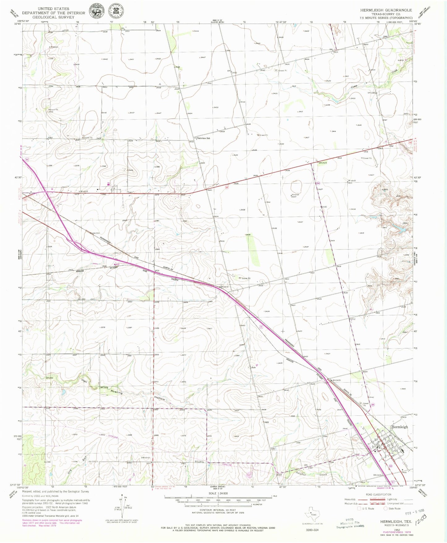 Classic USGS Hermleigh Texas 7.5'x7.5' Topo Map Image
