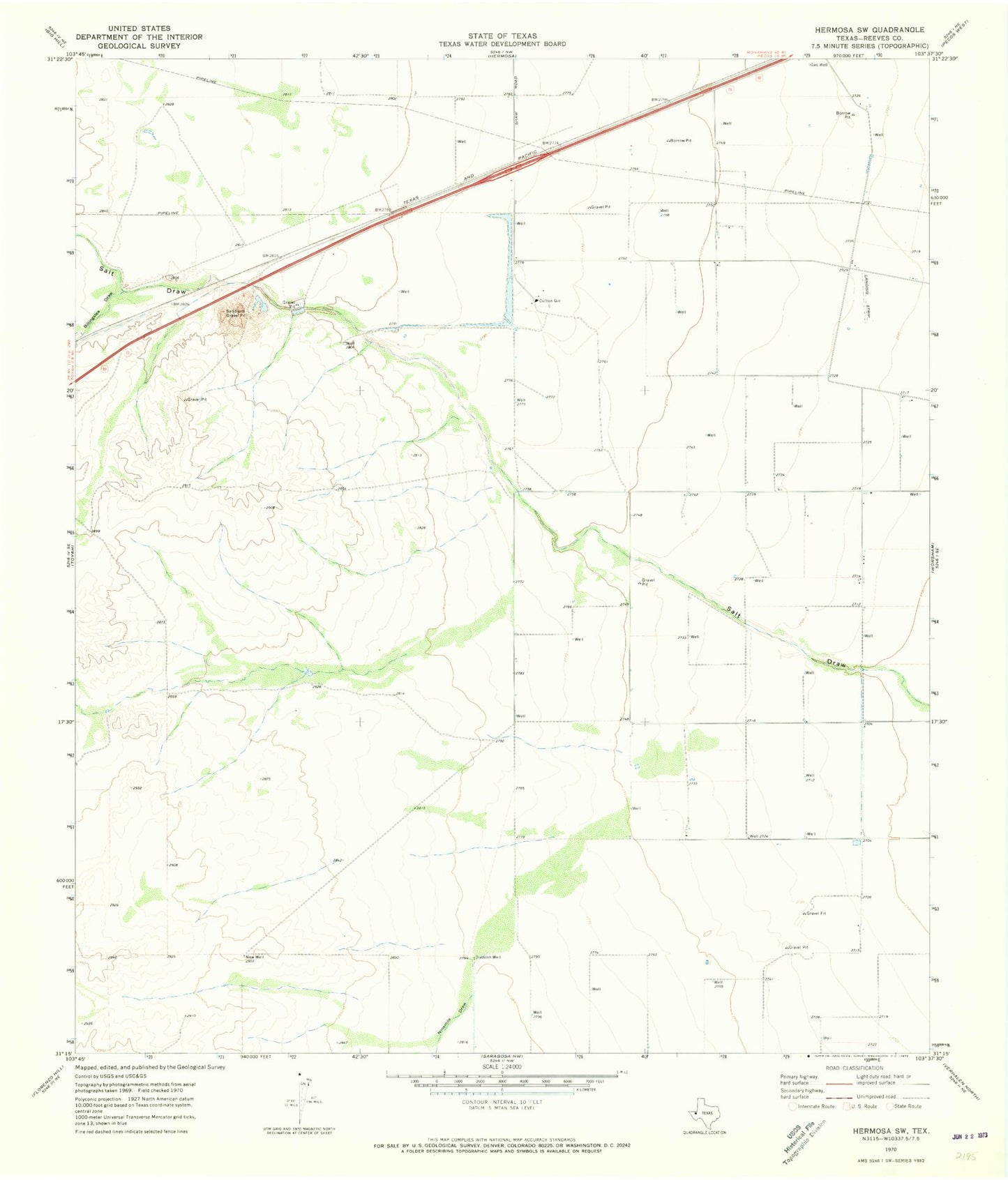 Classic USGS Hermosa SW Texas 7.5'x7.5' Topo Map Image