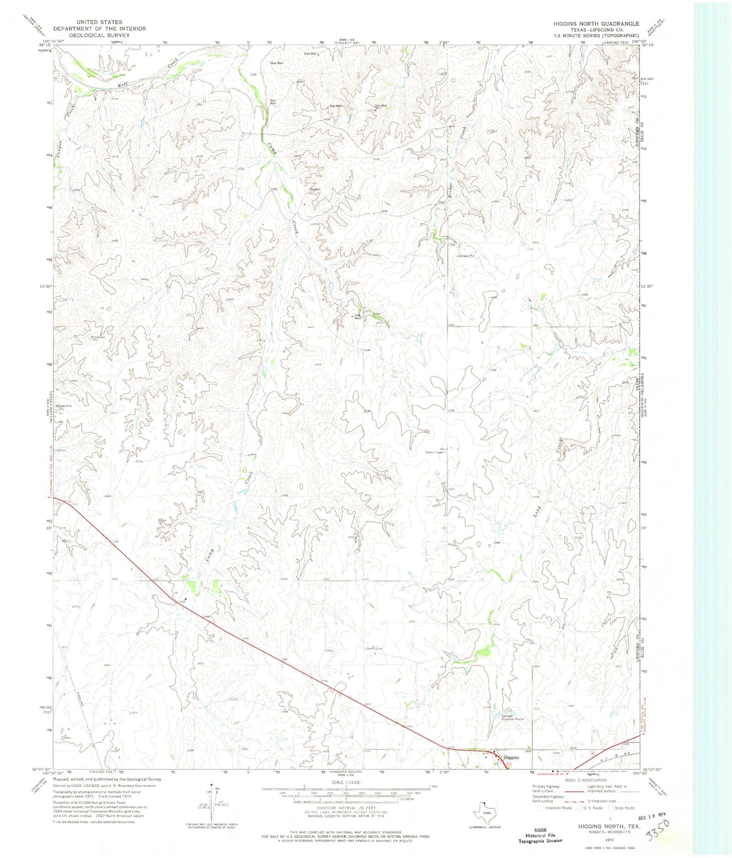 Classic USGS Higgins North Texas 7.5'x7.5' Topo Map Image