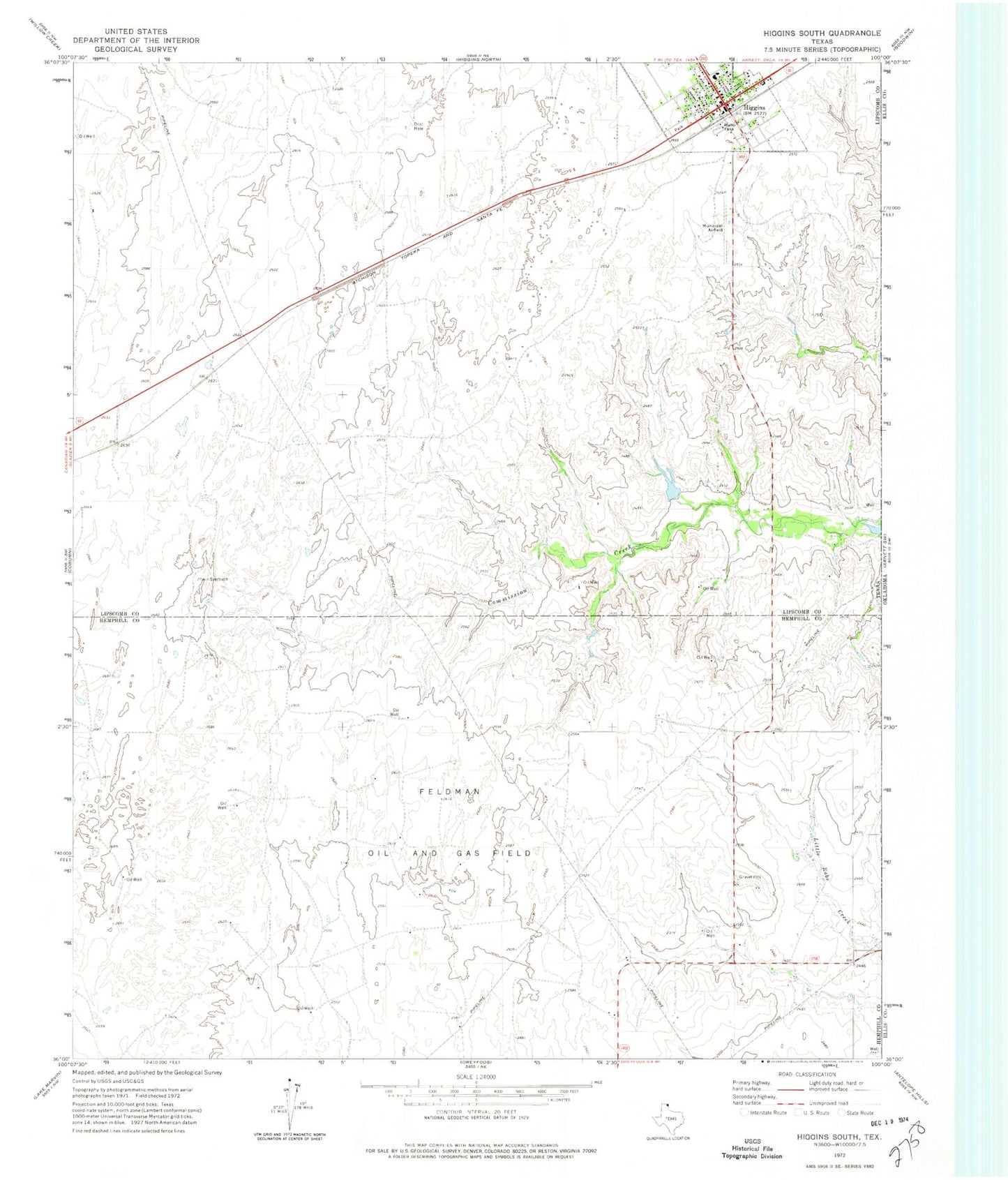 Classic USGS Higgins South Texas 7.5'x7.5' Topo Map Image