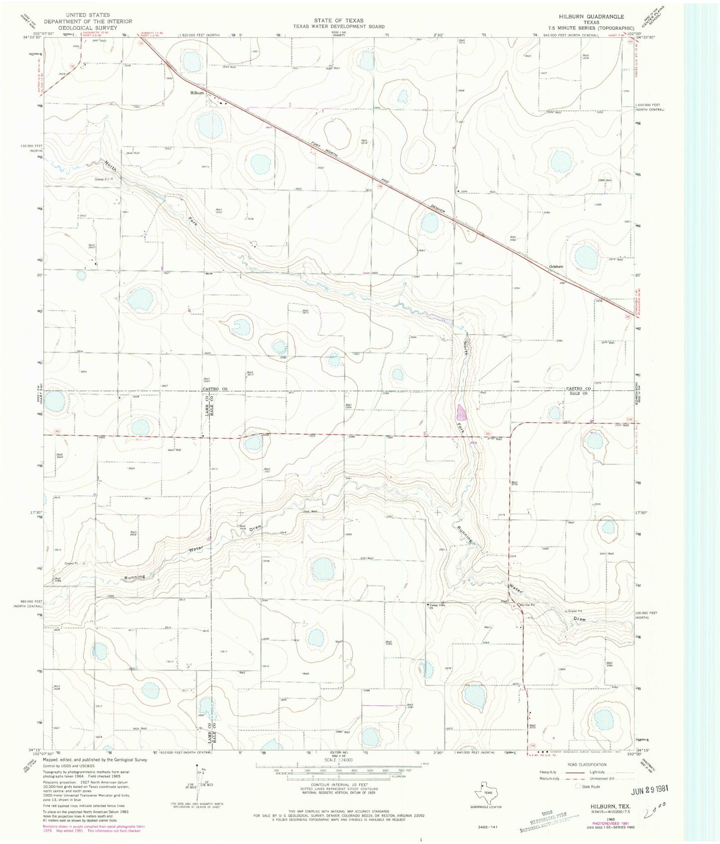 Classic USGS Hilburn Texas 7.5'x7.5' Topo Map Image