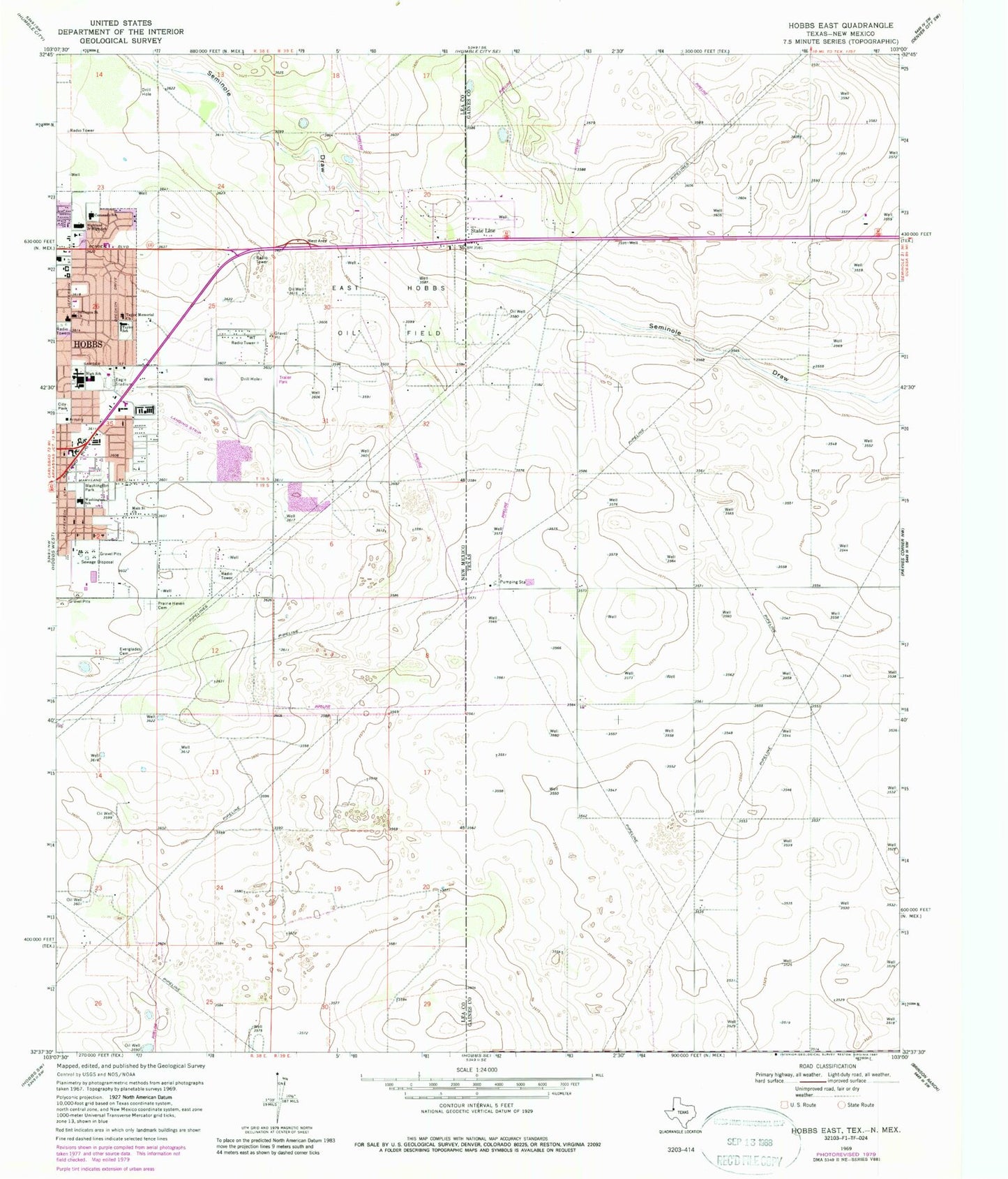 Classic USGS Hobbs East New Mexico 7.5'x7.5' Topo Map Image