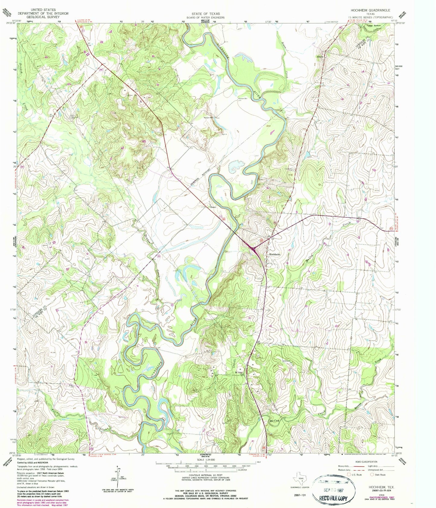 Classic USGS Hochheim Texas 7.5'x7.5' Topo Map Image