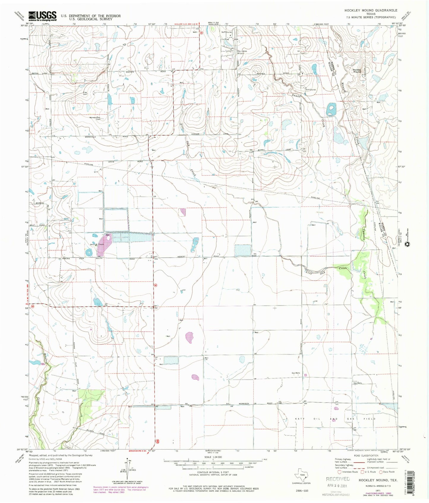 Classic USGS Hockley Mound Texas 7.5'x7.5' Topo Map Image