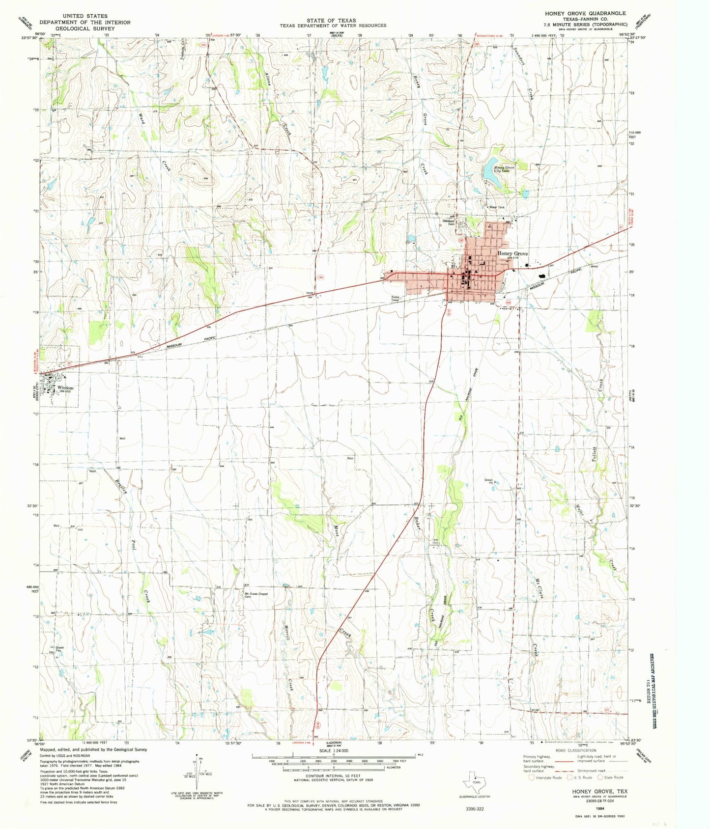 Classic USGS Honey Grove Texas 7.5'x7.5' Topo Map Image