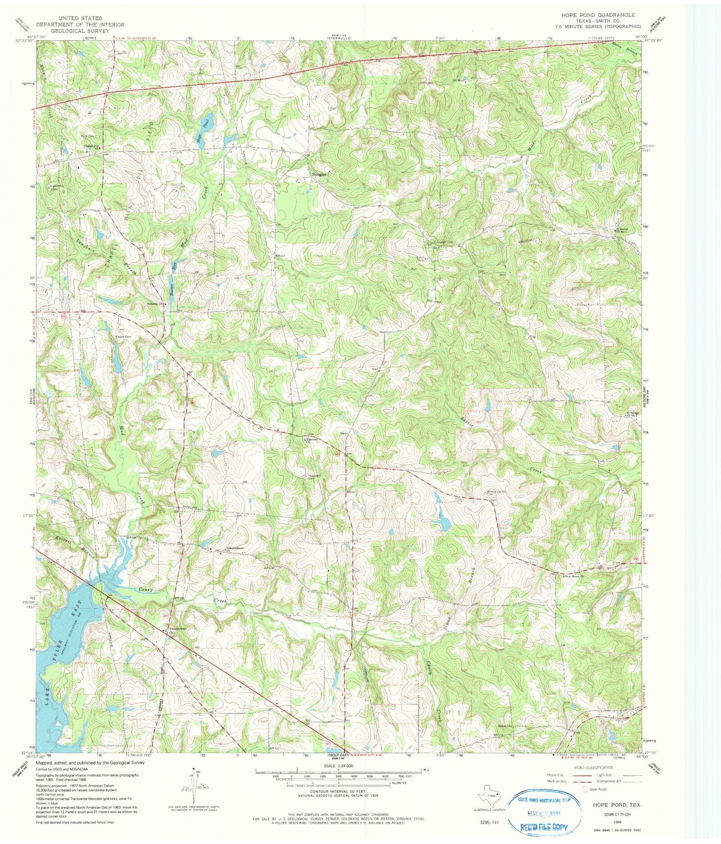 Classic USGS Hope Pond Texas 7.5'x7.5' Topo Map Image