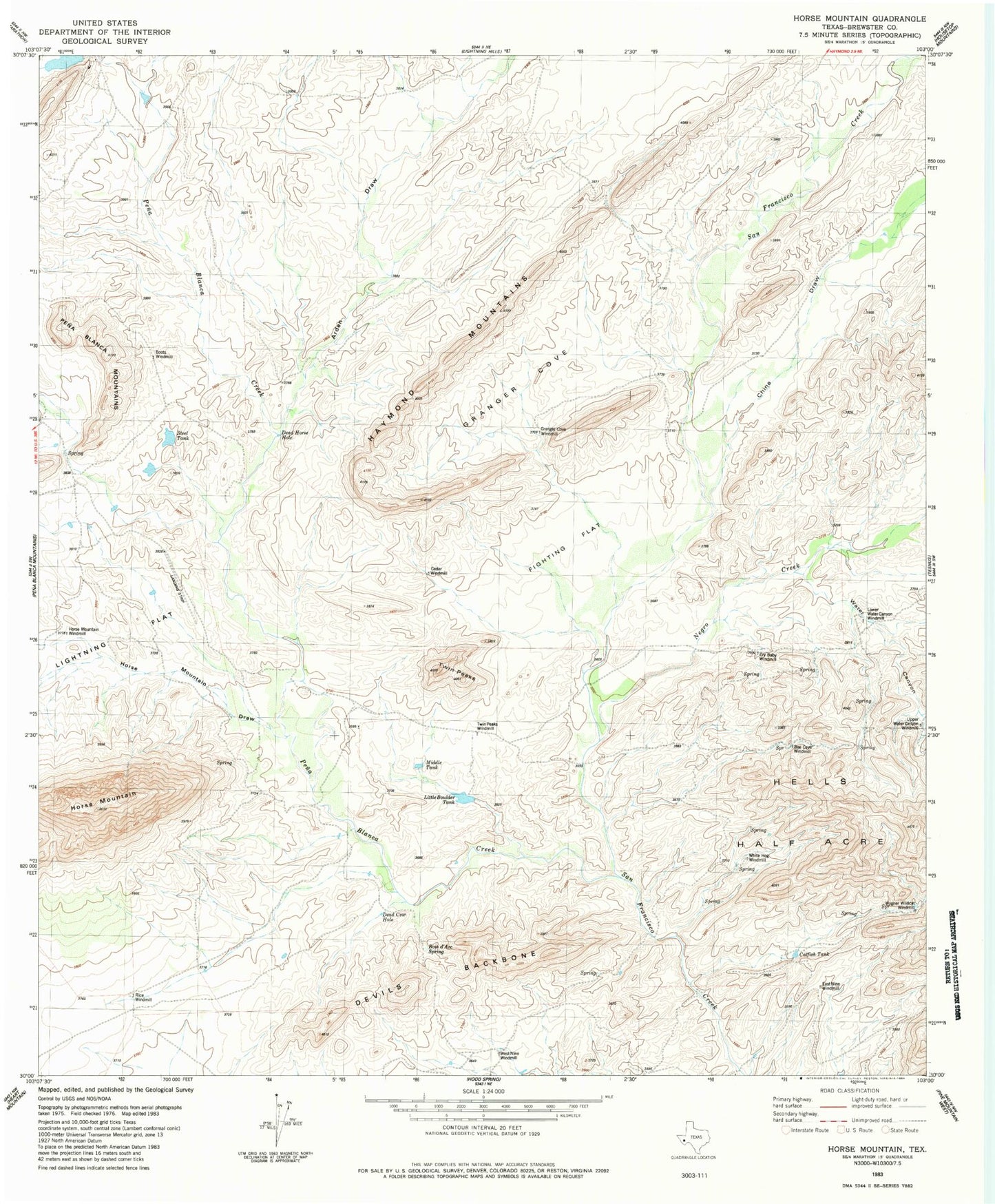 Classic USGS Horse Mountain Texas 7.5'x7.5' Topo Map Image
