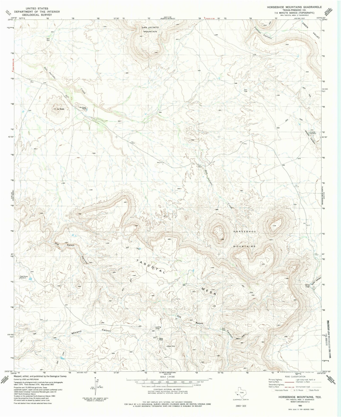 Classic USGS Horseshoe Mountains Texas 7.5'x7.5' Topo Map Image