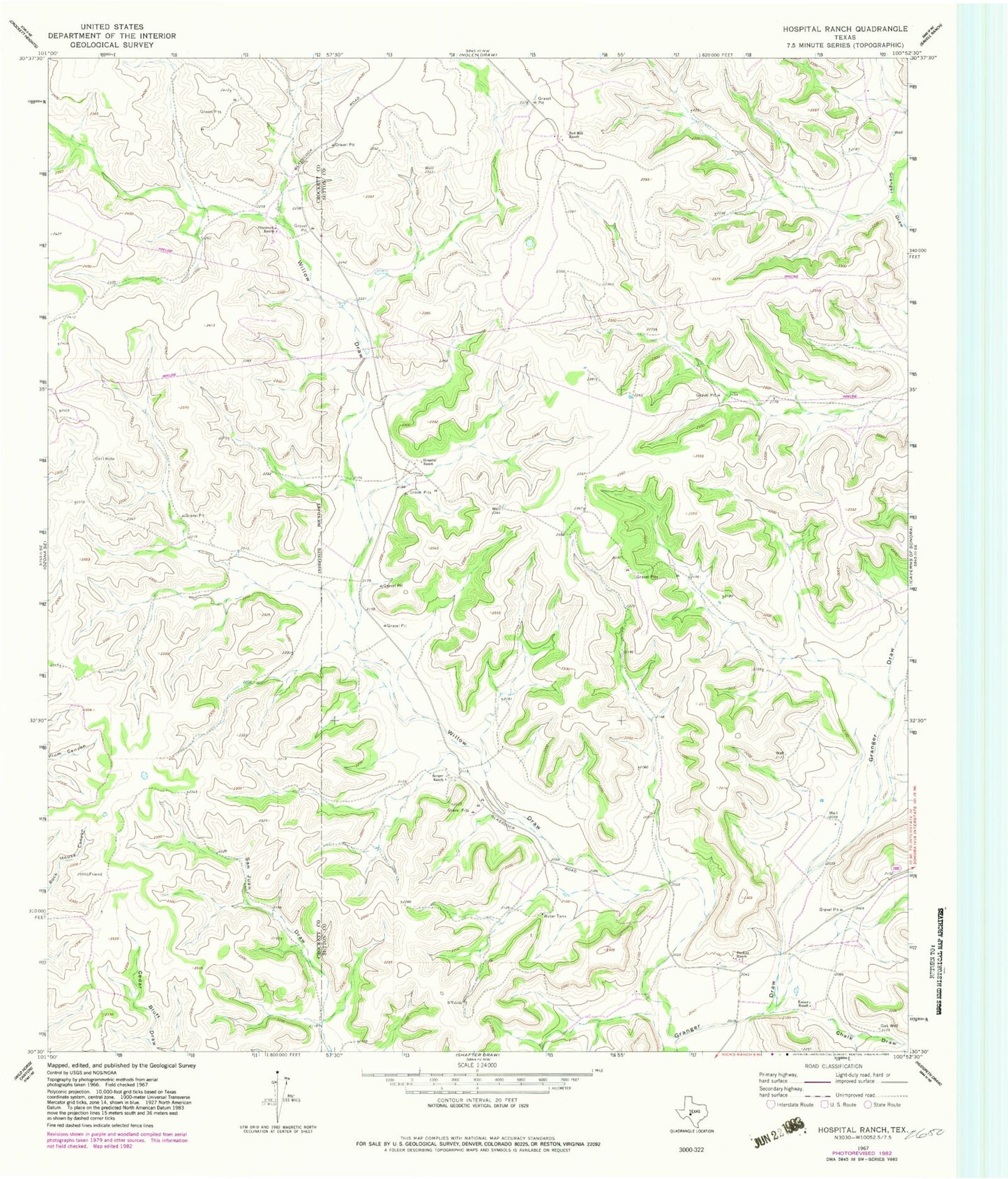 Classic USGS Hospital Ranch Texas 7.5'x7.5' Topo Map Image