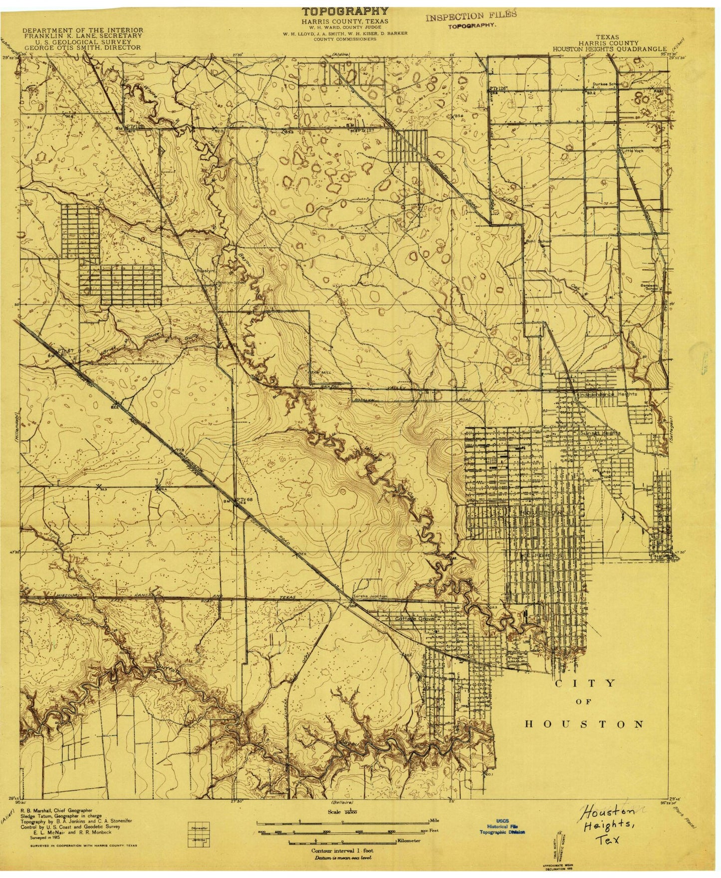 Classic USGS Houston Heights Texas 7.5'x7.5' Topo Map Image