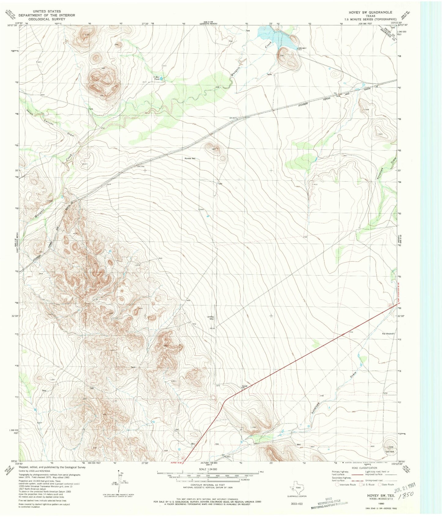 Classic USGS Hovey SW Texas 7.5'x7.5' Topo Map Image