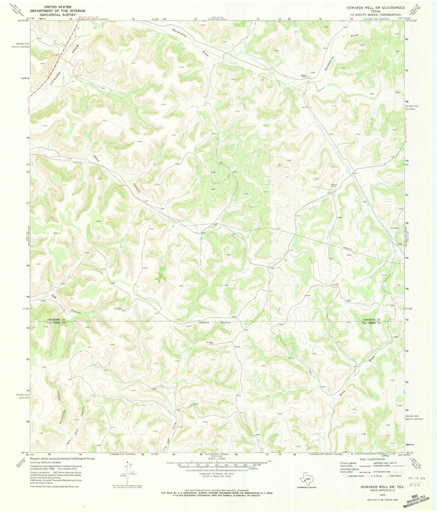 Classic USGS Howards Well SW Texas 7.5'x7.5' Topo Map Image