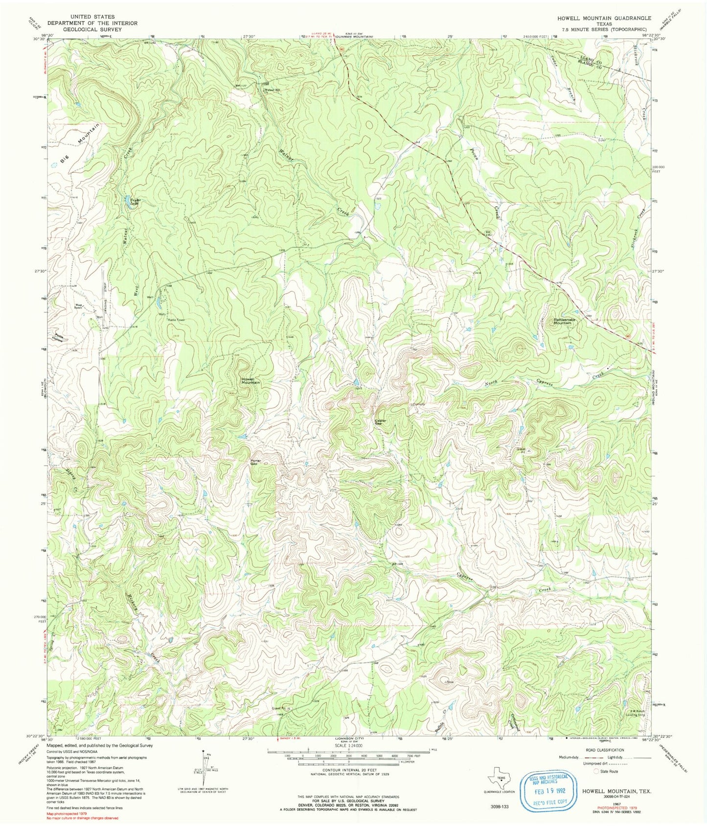 Classic USGS Howell Mountain Texas 7.5'x7.5' Topo Map Image