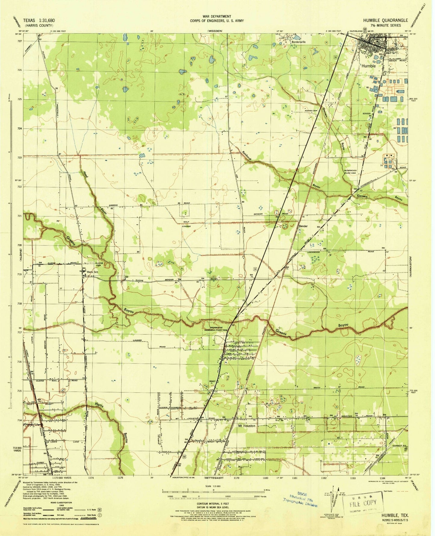 Classic USGS Humble Texas 7.5'x7.5' Topo Map Image
