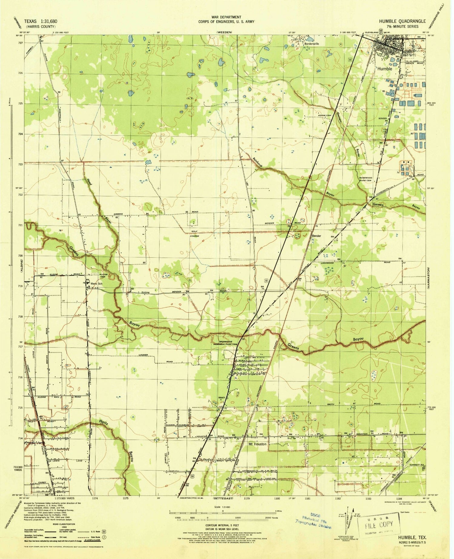 Classic USGS Humble Texas 7.5'x7.5' Topo Map Image
