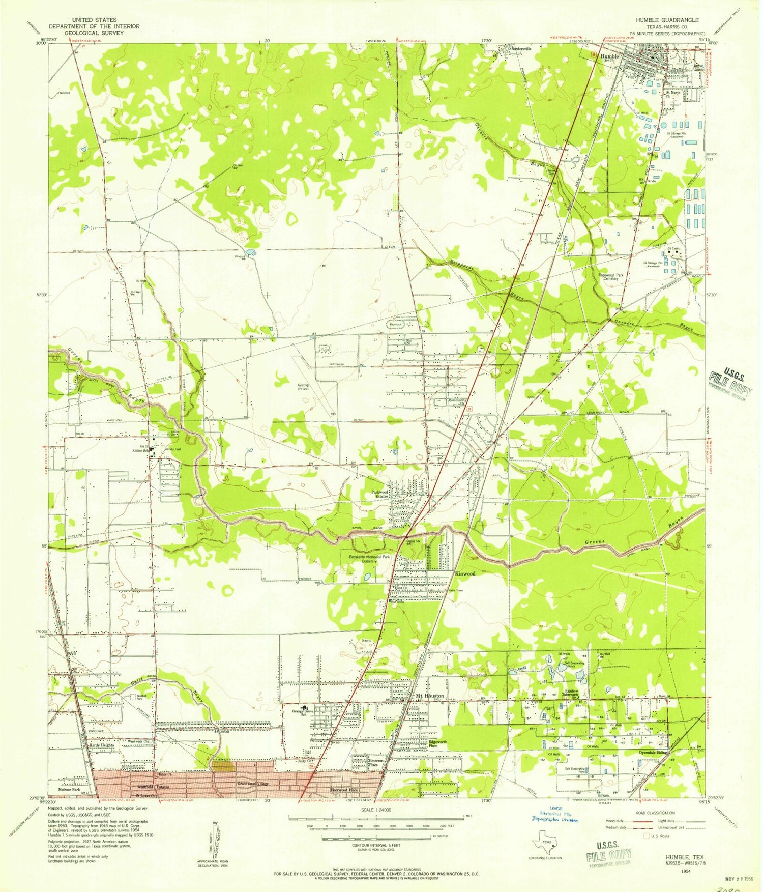 Classic USGS Humble Texas 7.5'x7.5' Topo Map Image