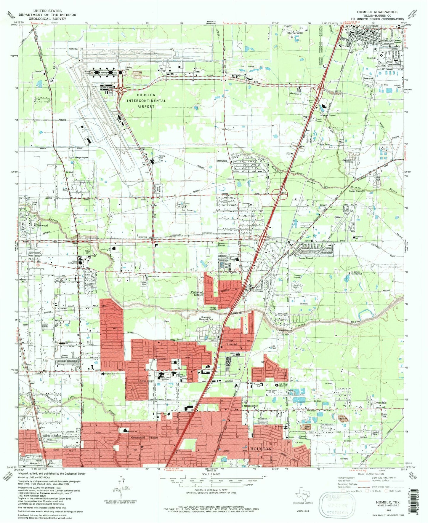 Classic USGS Humble Texas 7.5'x7.5' Topo Map Image