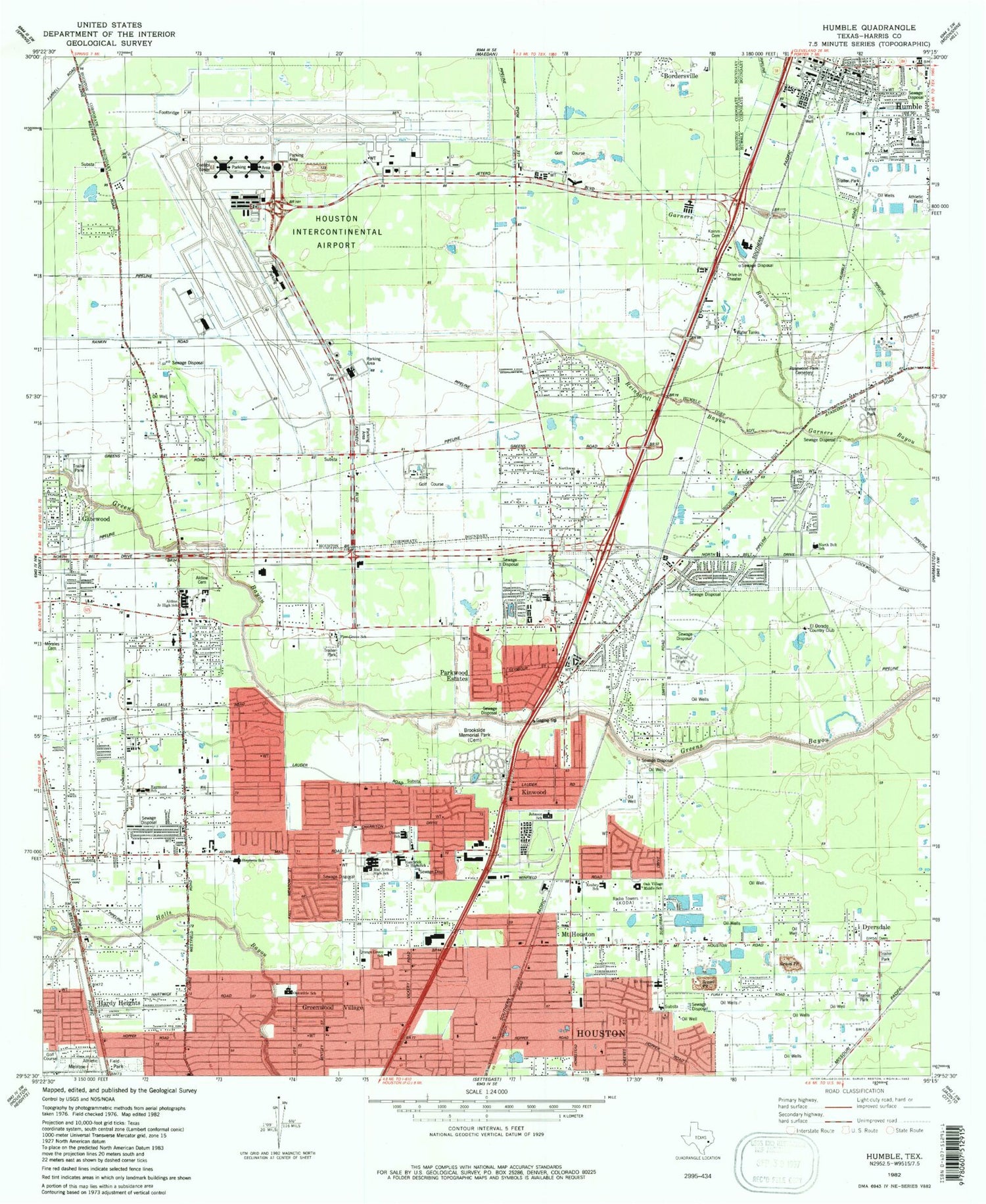 Classic USGS Humble Texas 7.5'x7.5' Topo Map Image
