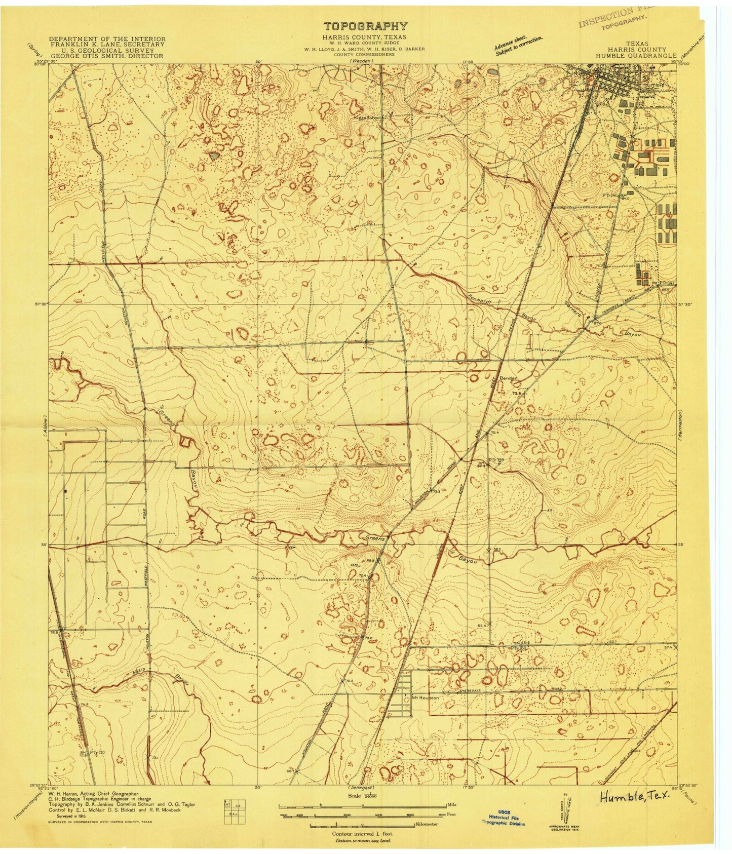 Classic USGS Humble Texas 7.5'x7.5' Topo Map Image