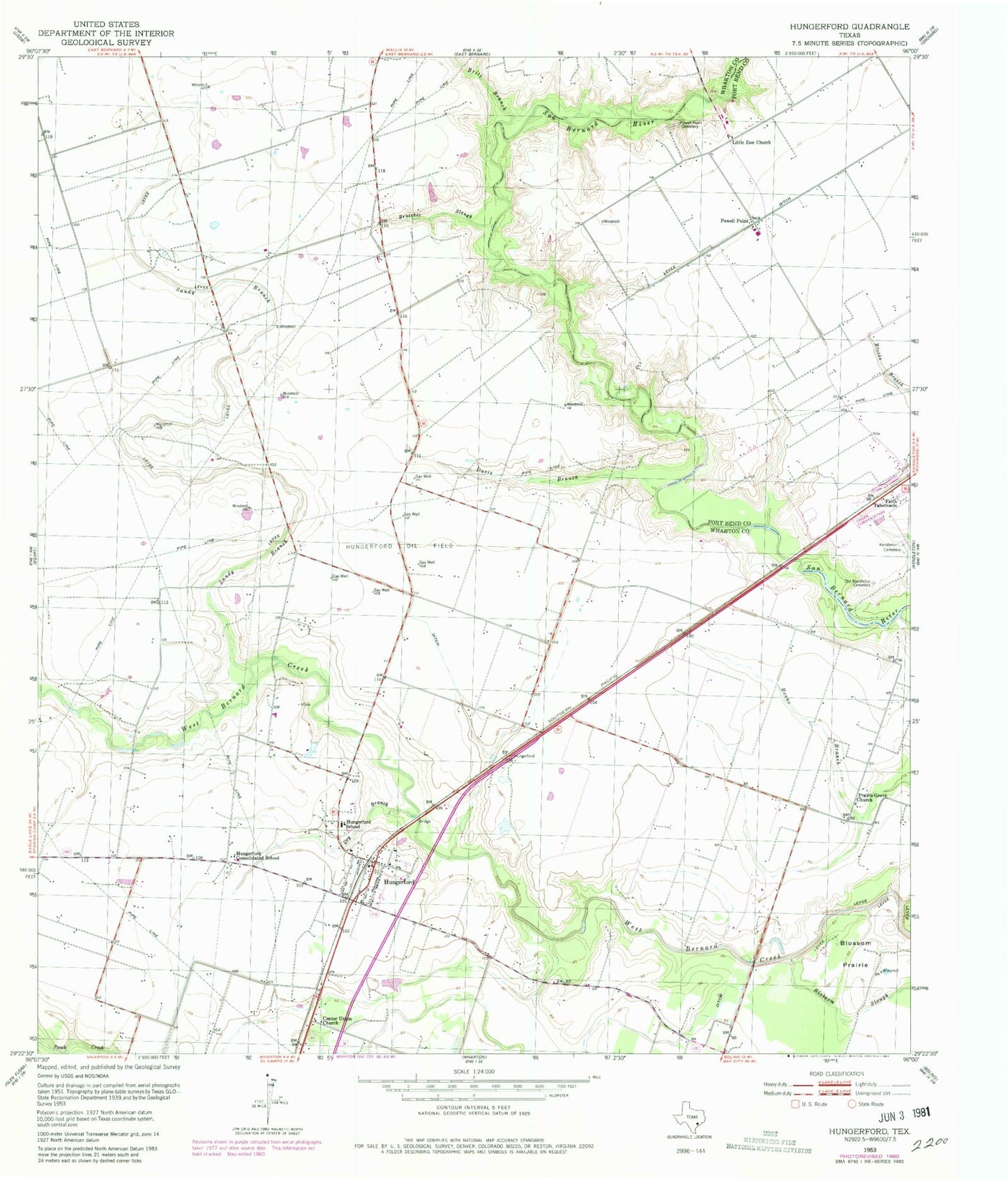 Classic USGS Hungerford Texas 7.5'x7.5' Topo Map Image