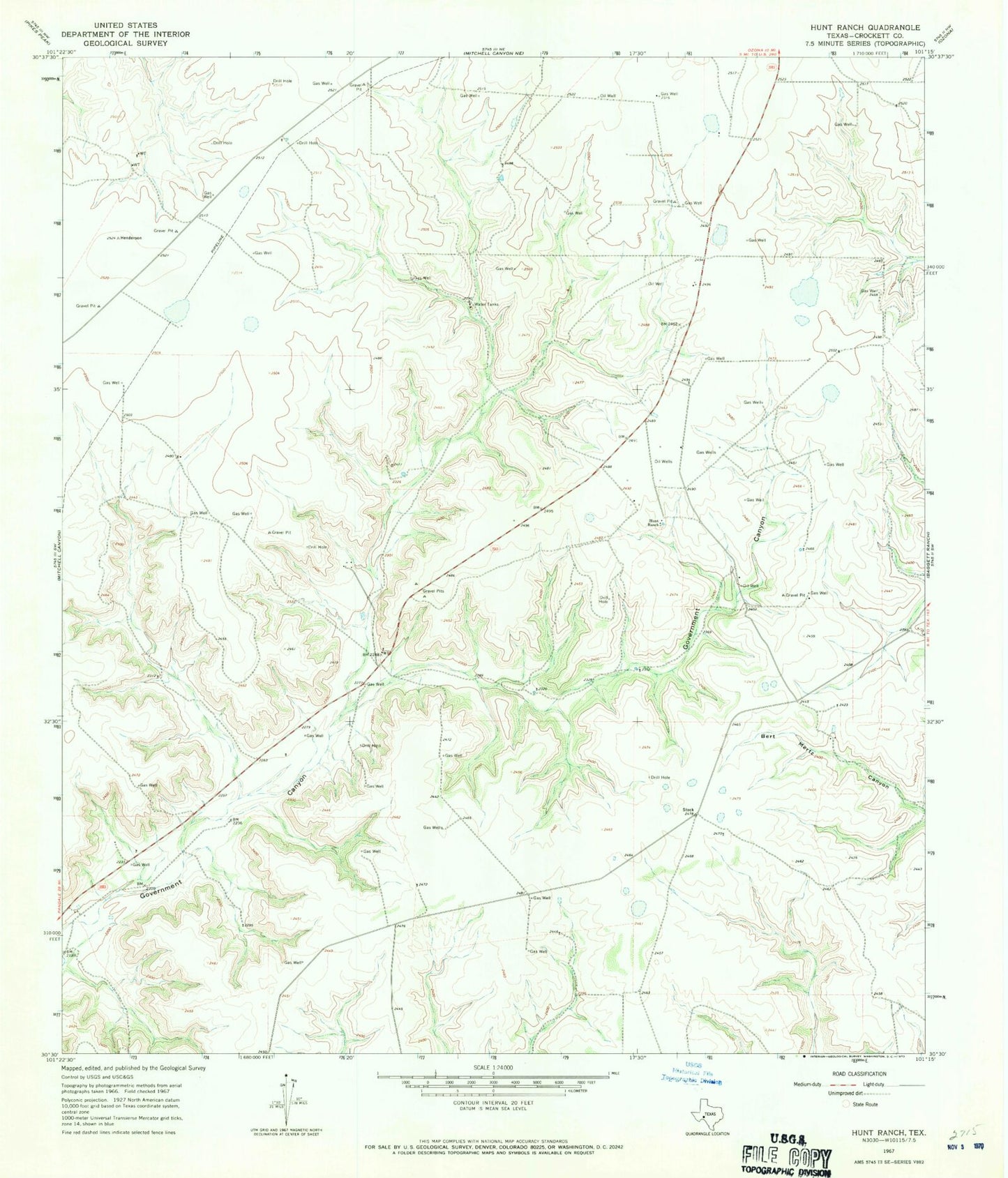 Classic USGS Hunt Ranch Texas 7.5'x7.5' Topo Map Image