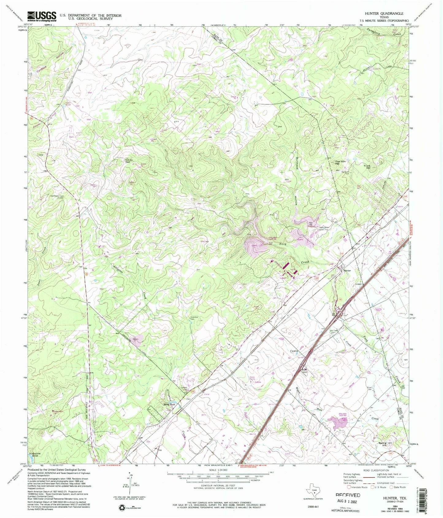 Classic USGS Hunter Texas 7.5'x7.5' Topo Map Image