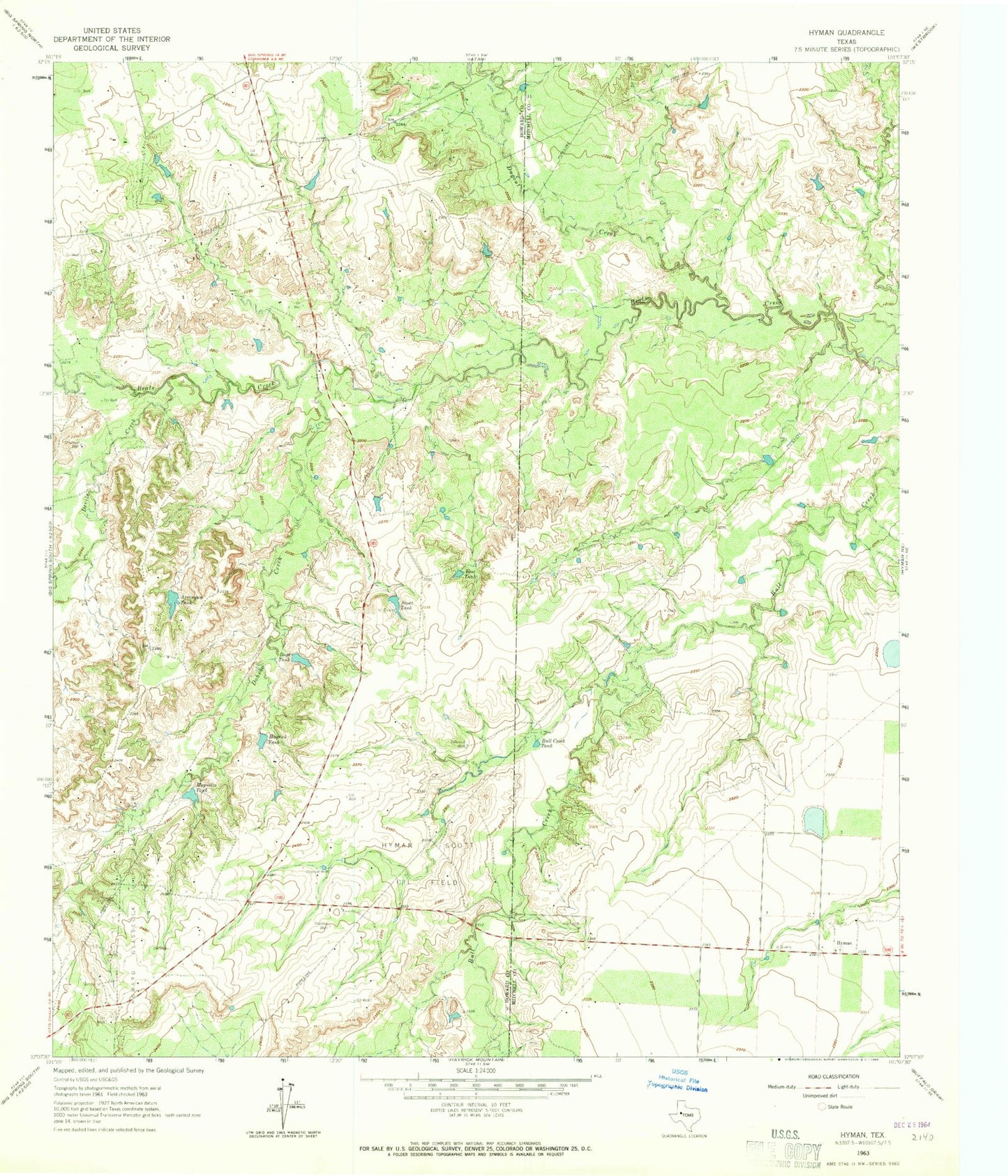 Classic USGS Hyman Texas 7.5'x7.5' Topo Map Image