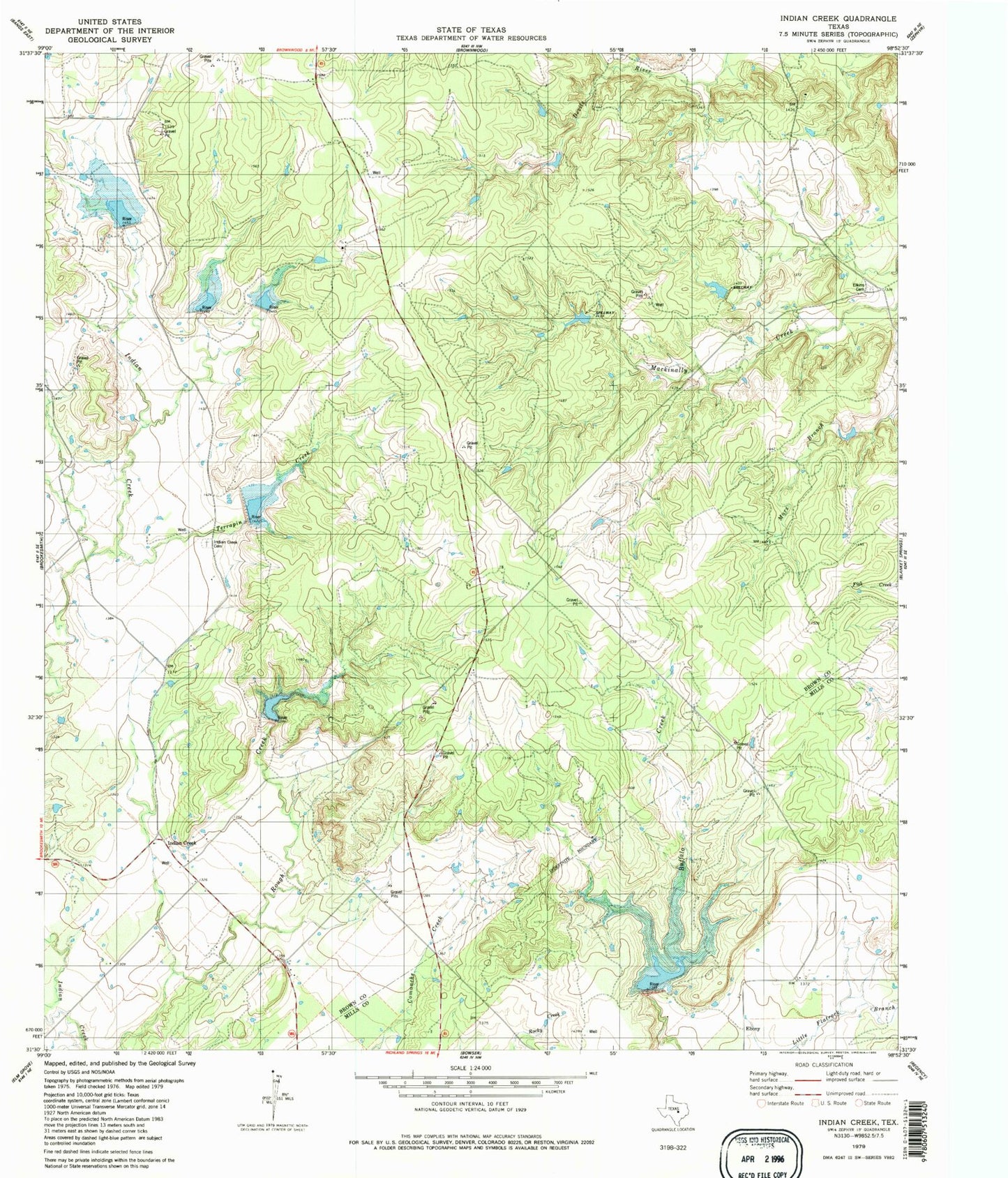 Classic USGS Indian Creek Texas 7.5'x7.5' Topo Map Image