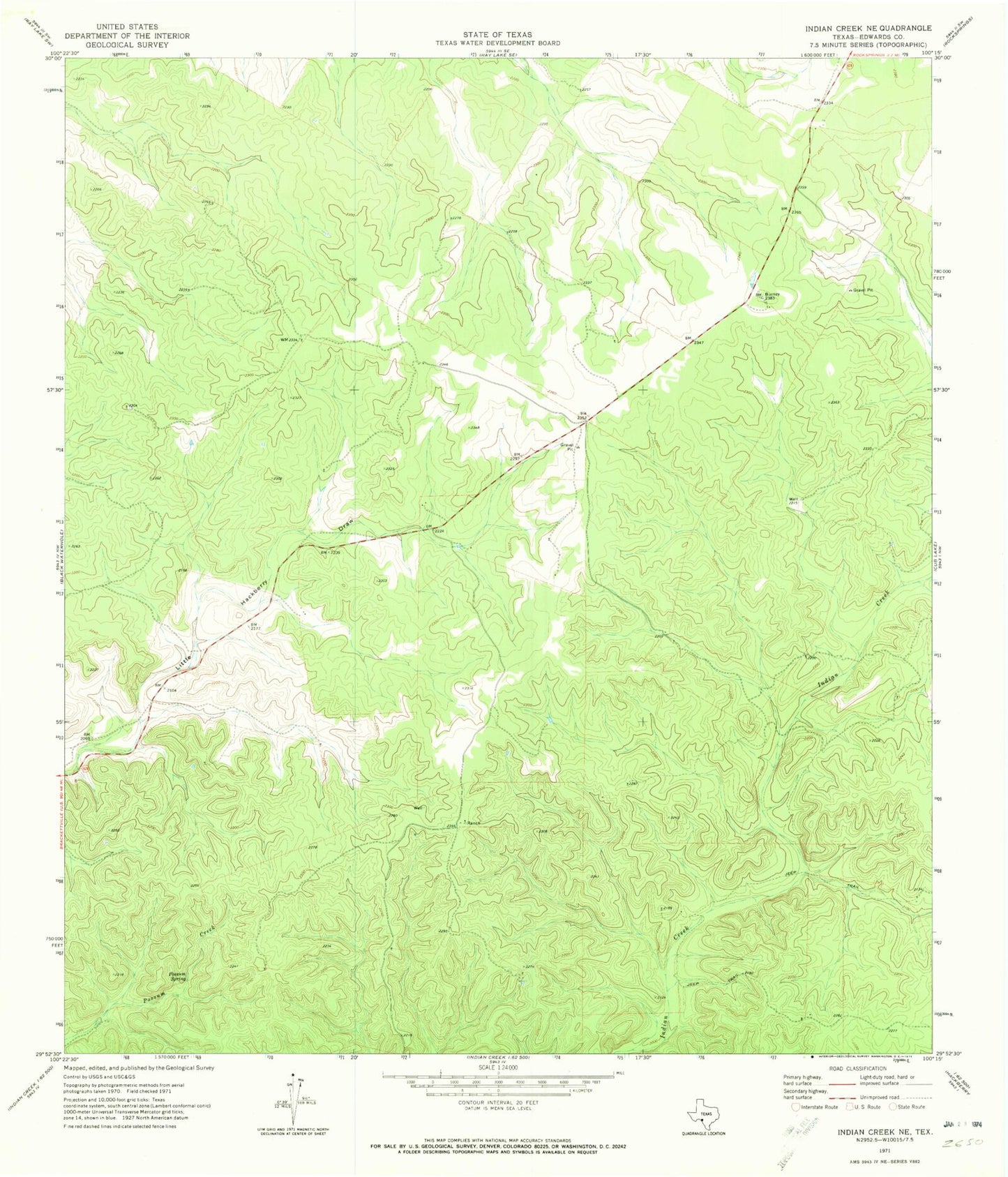 Classic USGS Indian Creek NE Texas 7.5'x7.5' Topo Map Image