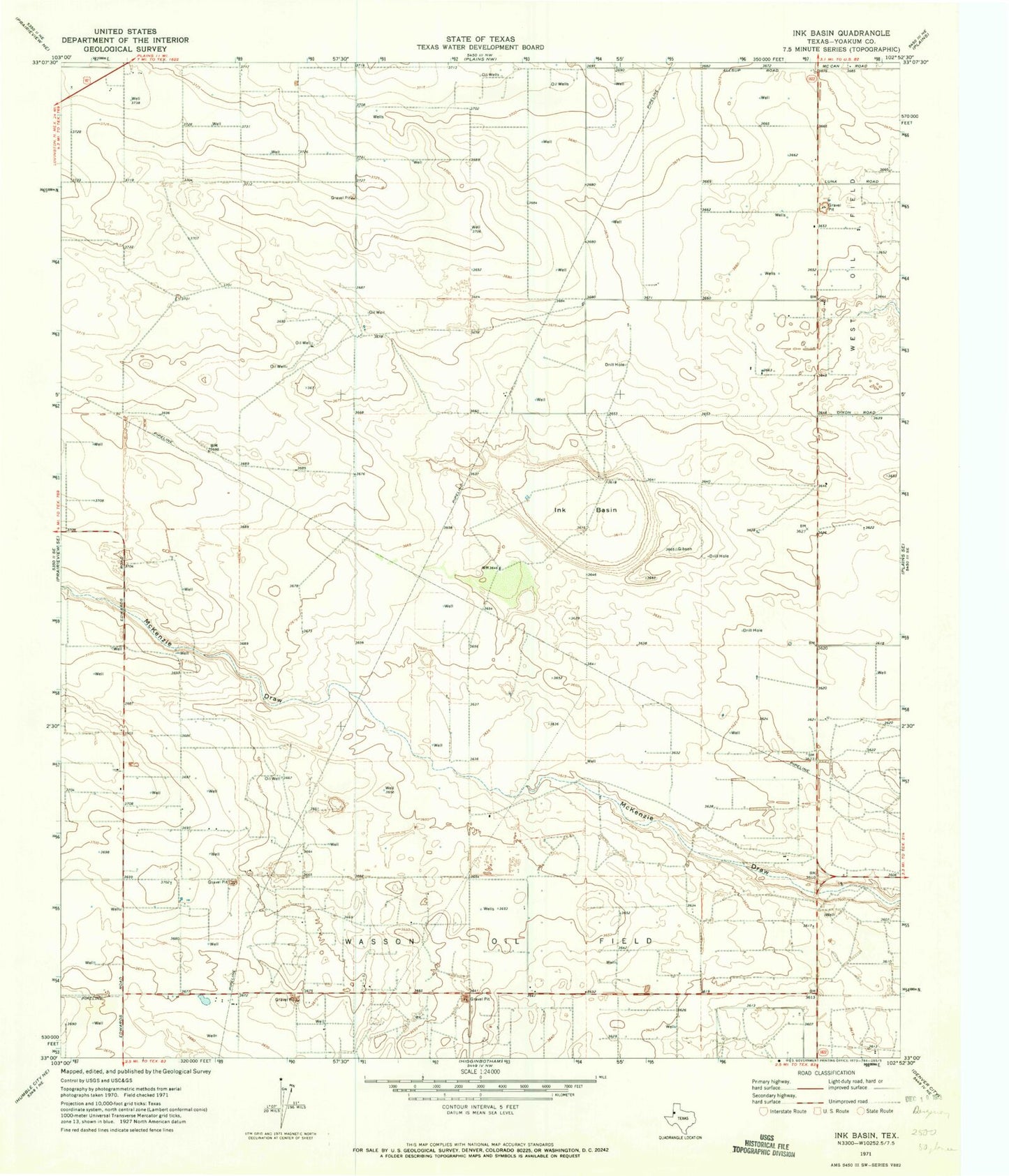 Classic USGS Ink Basin Texas 7.5'x7.5' Topo Map Image