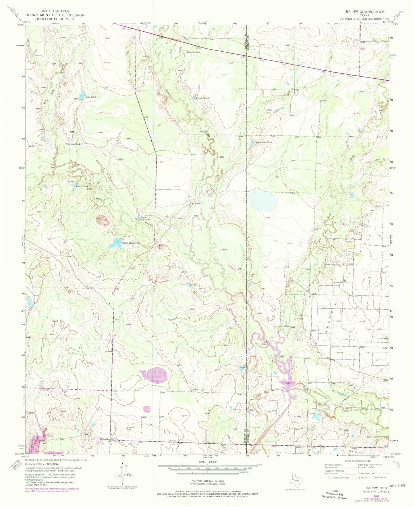 Classic USGS Ira NW Texas 7.5'x7.5' Topo Map Image