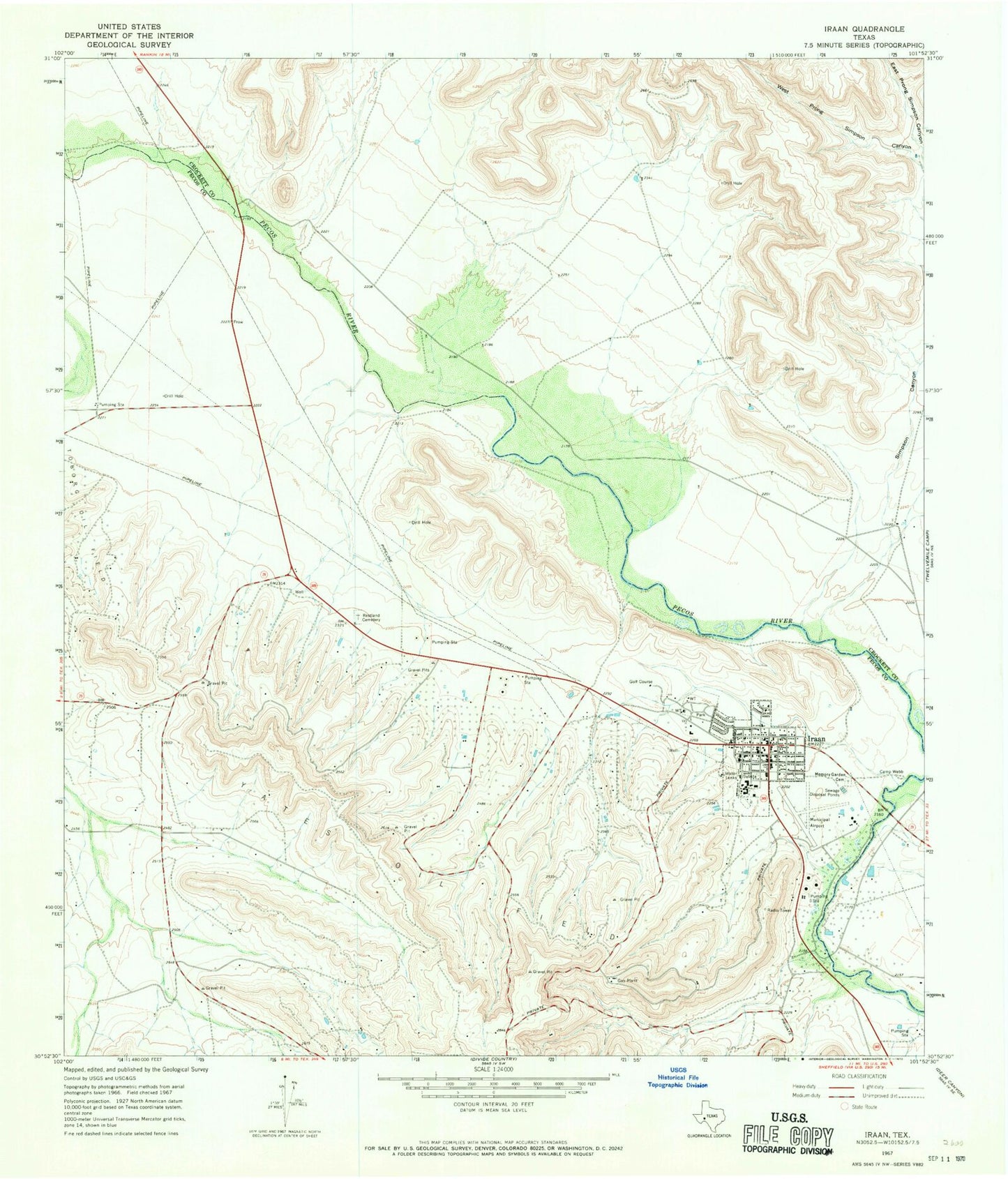 Classic USGS Iraan Texas 7.5'x7.5' Topo Map Image