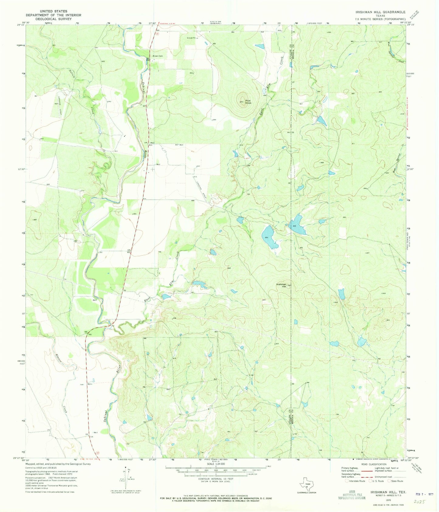 Classic USGS Irishman Hill Texas 7.5'x7.5' Topo Map Image