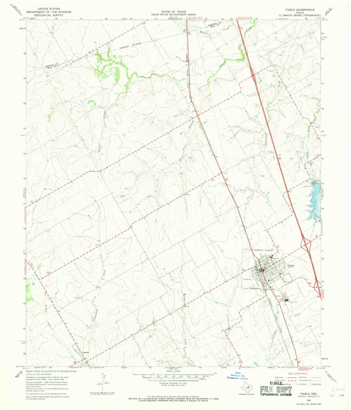 Classic USGS Itasca Texas 7.5'x7.5' Topo Map Image