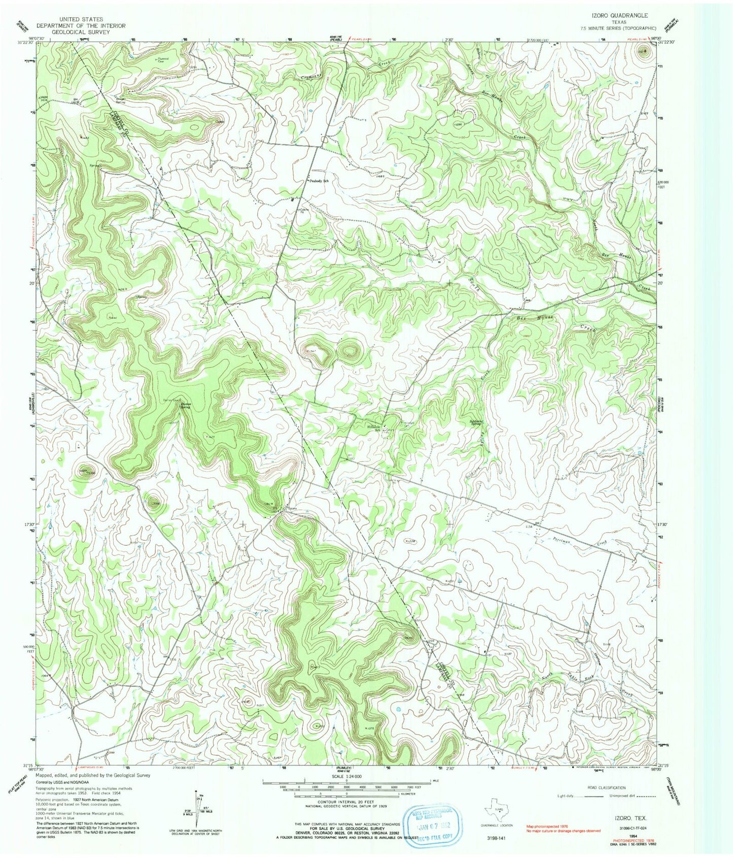 Classic USGS Izoro Texas 7.5'x7.5' Topo Map Image