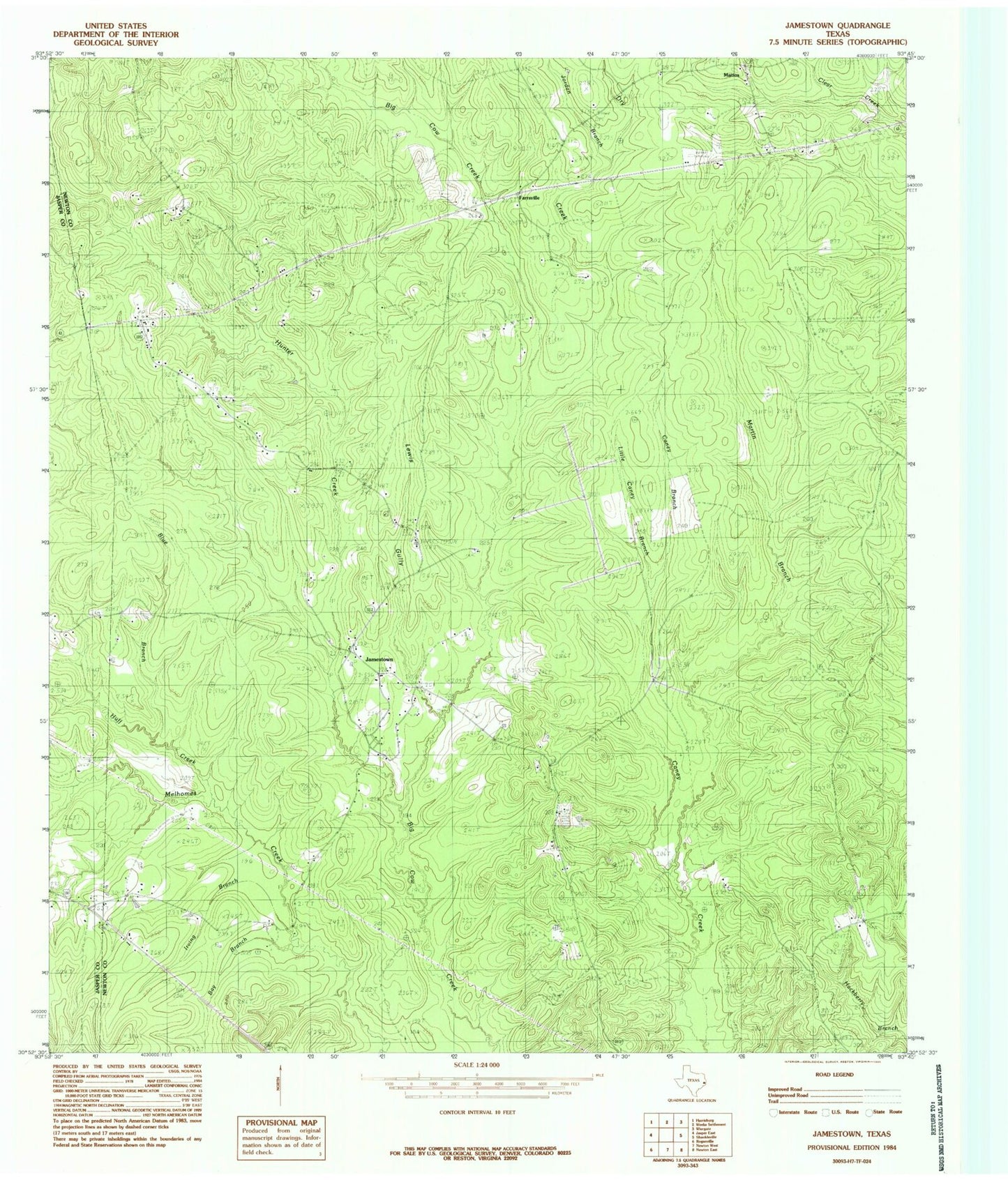 Classic USGS Jamestown Texas 7.5'x7.5' Topo Map Image