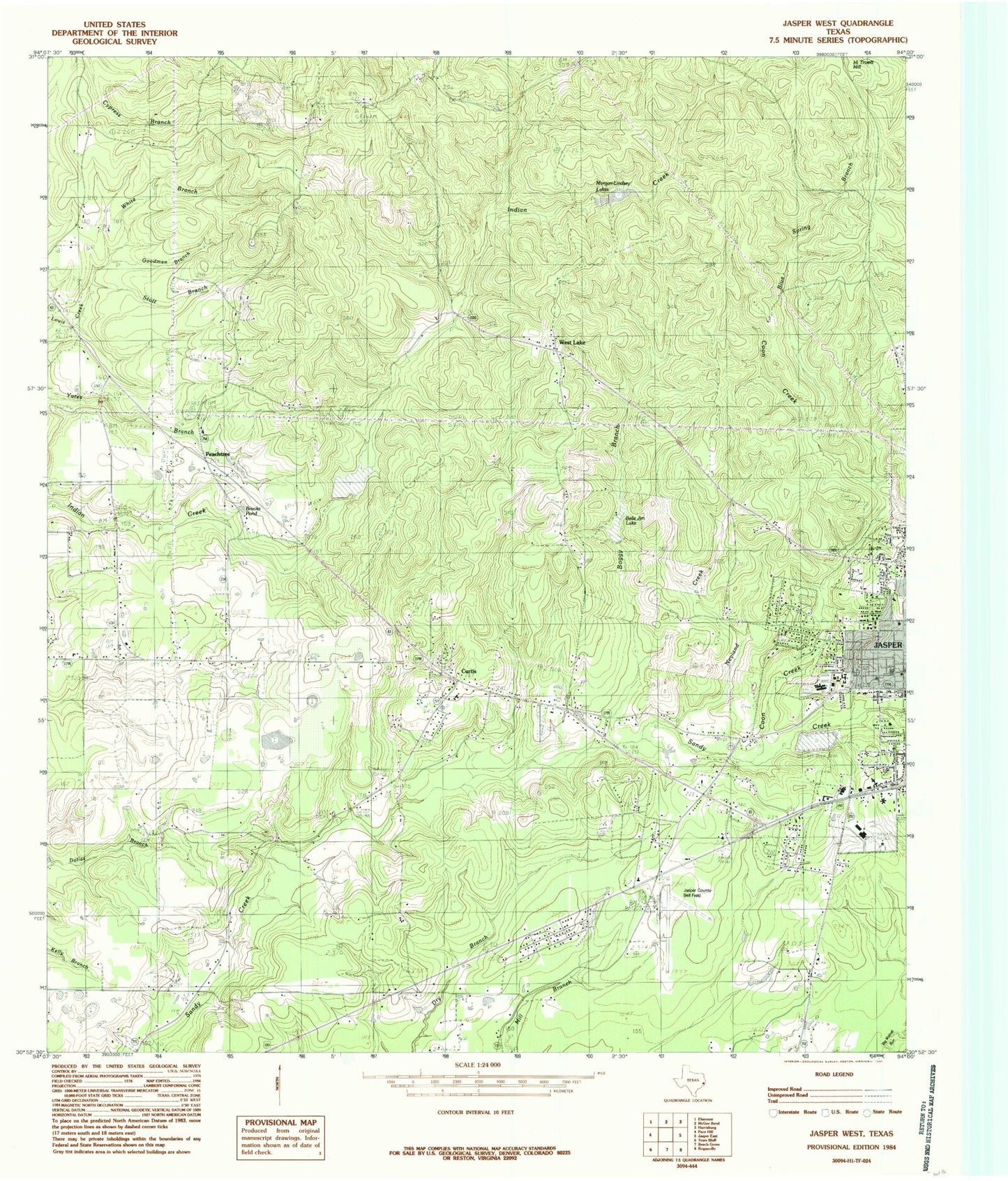 Classic USGS Jasper West Texas 7.5'x7.5' Topo Map Image