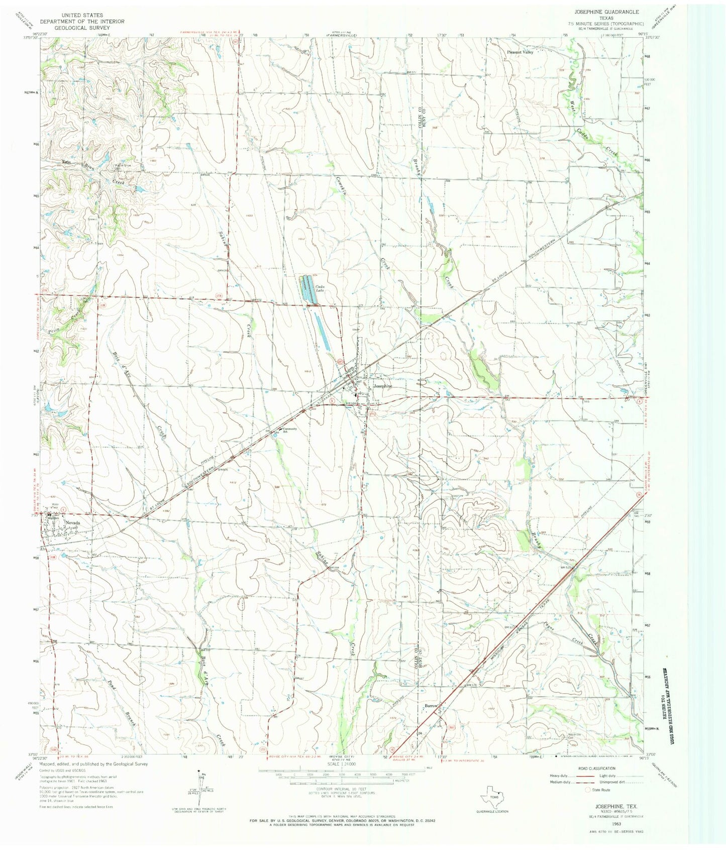 Classic USGS Josephine Texas 7.5'x7.5' Topo Map Image
