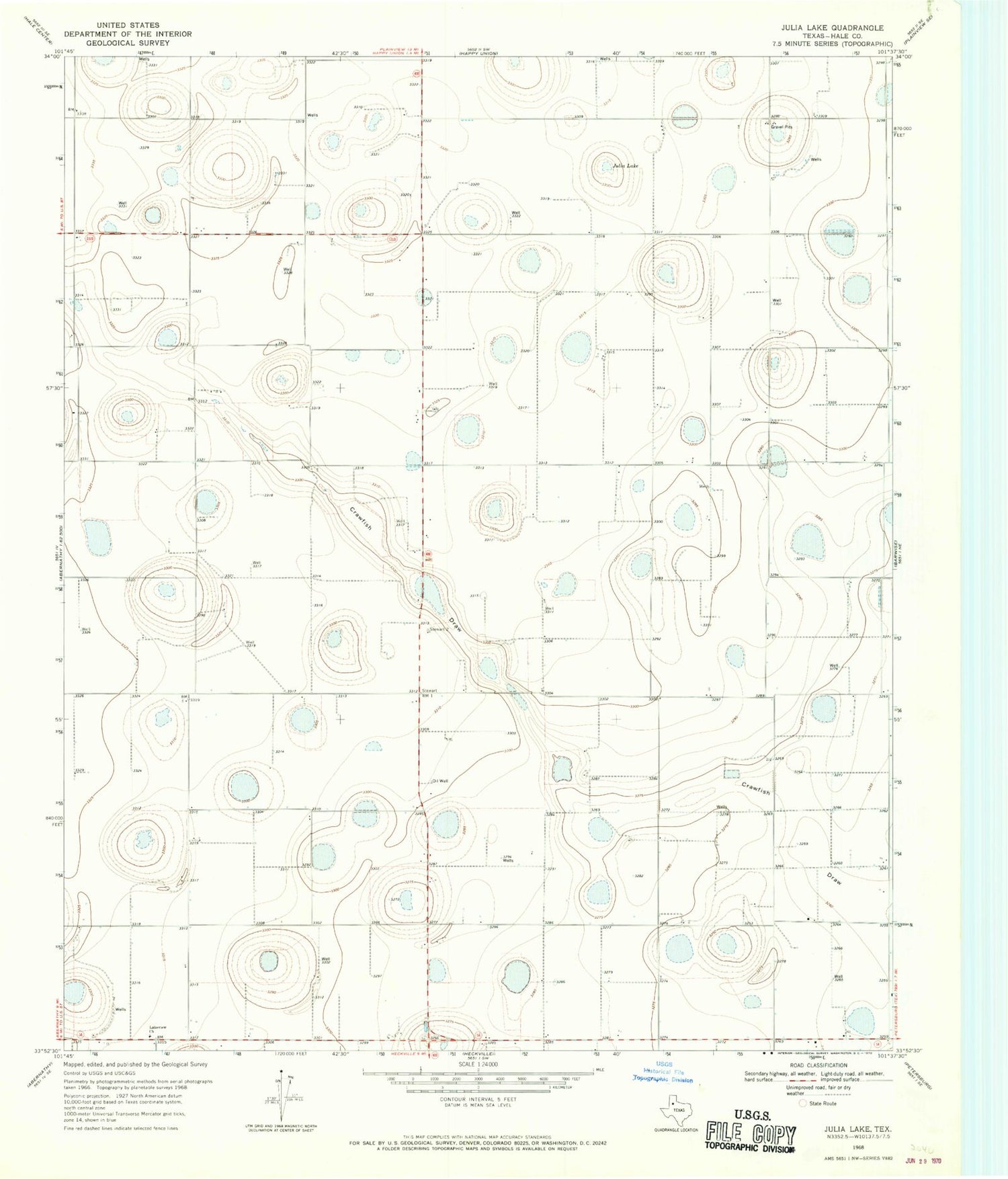 Classic USGS Julia Lake Texas 7.5'x7.5' Topo Map Image