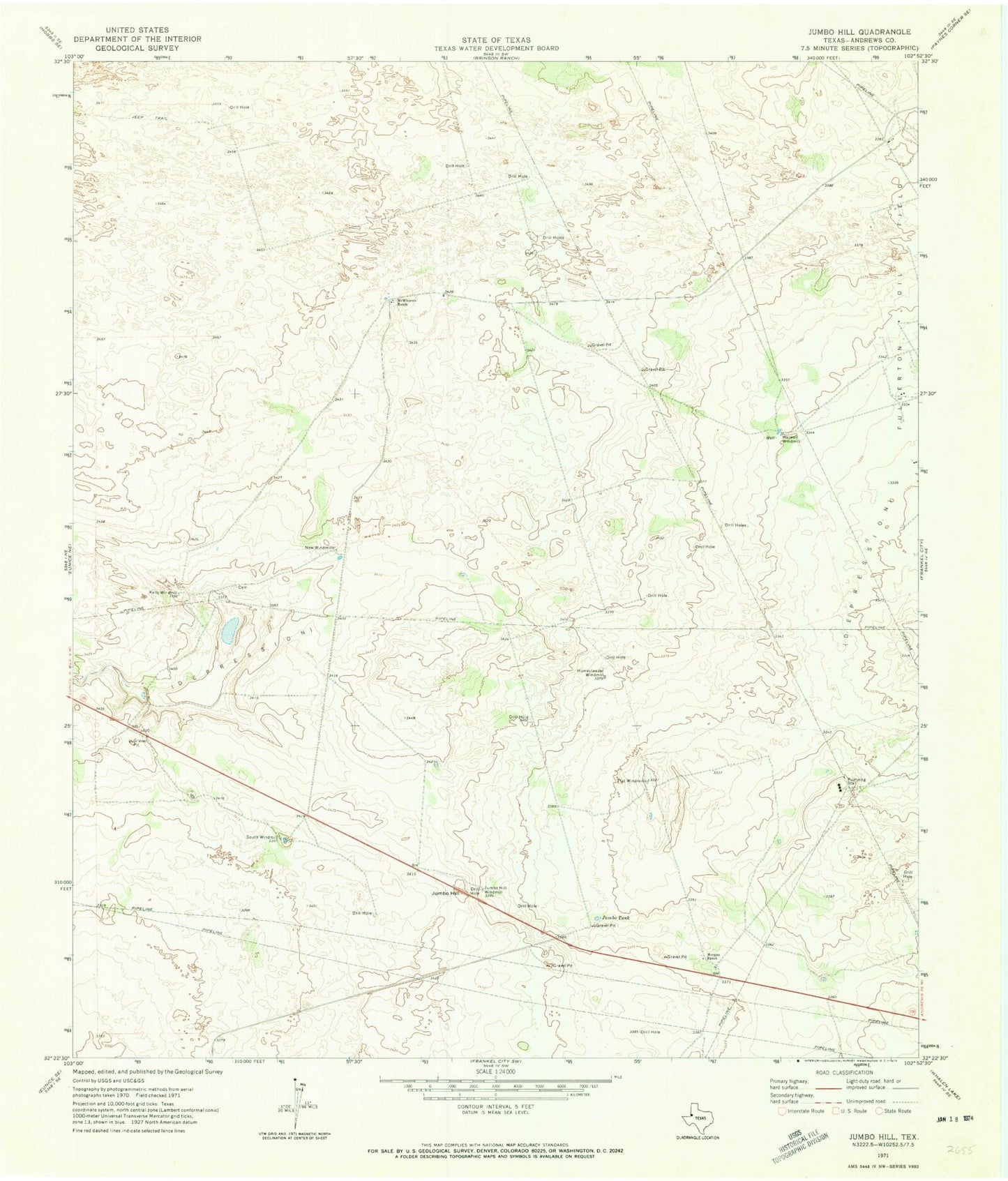Classic USGS Jumbo Hill Texas 7.5'x7.5' Topo Map Image