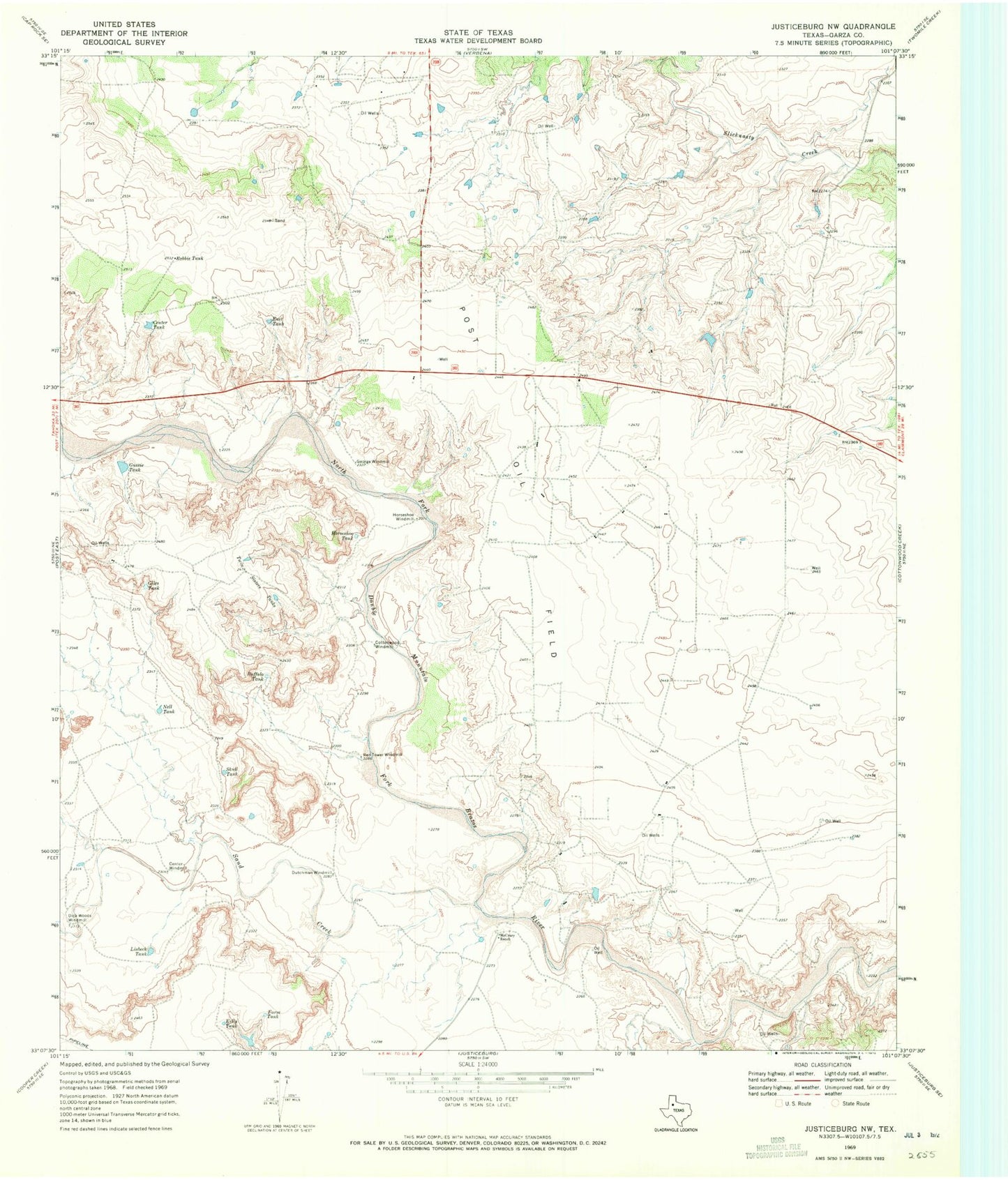 Classic USGS Justiceburg NW Texas 7.5'x7.5' Topo Map Image