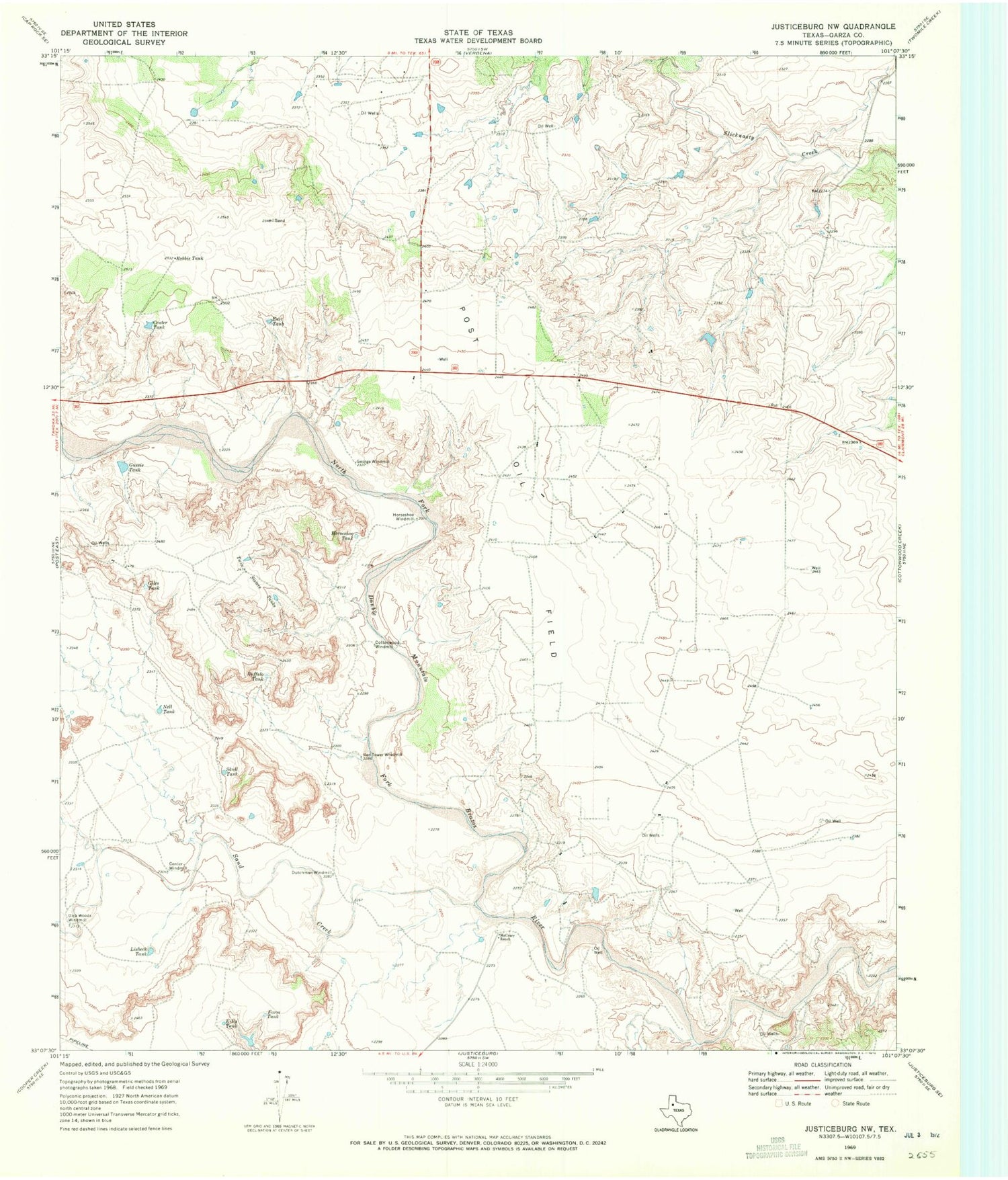 Classic USGS Justiceburg NW Texas 7.5'x7.5' Topo Map Image