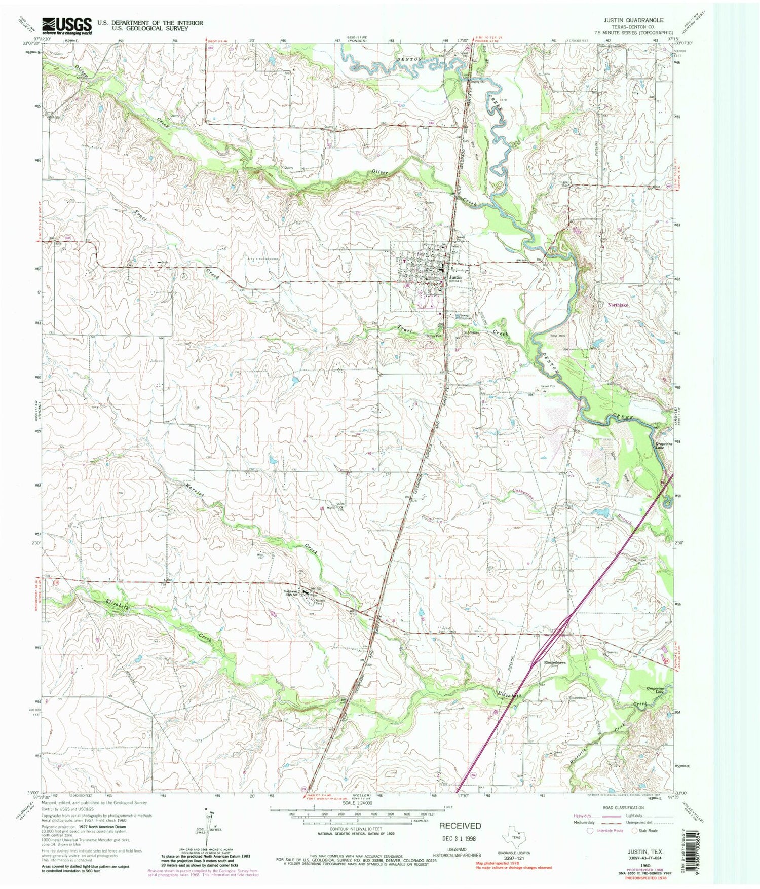 Classic USGS Justin Texas 7.5'x7.5' Topo Map Image