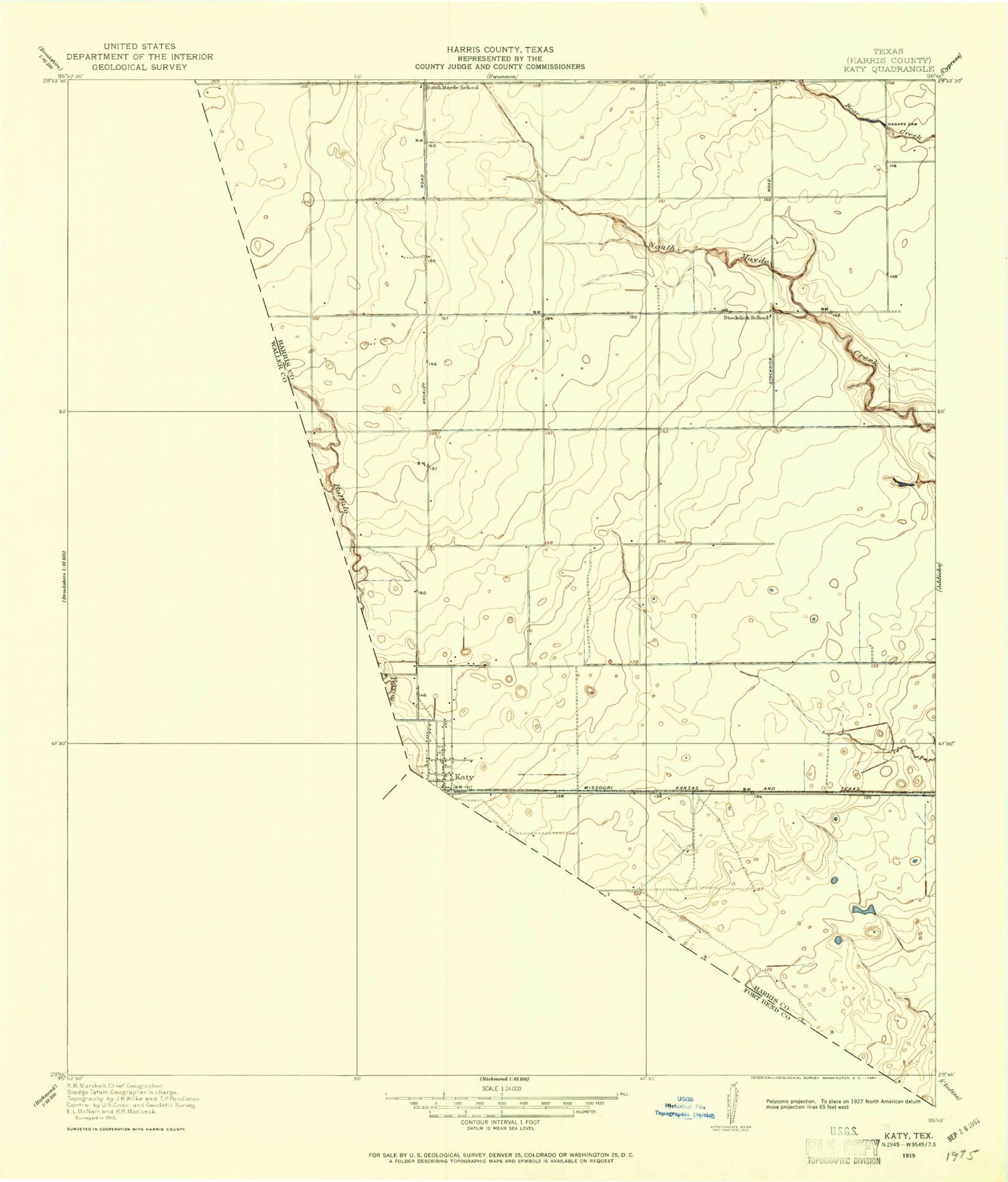 Classic USGS Katy Texas 7.5'x7.5' Topo Map Image