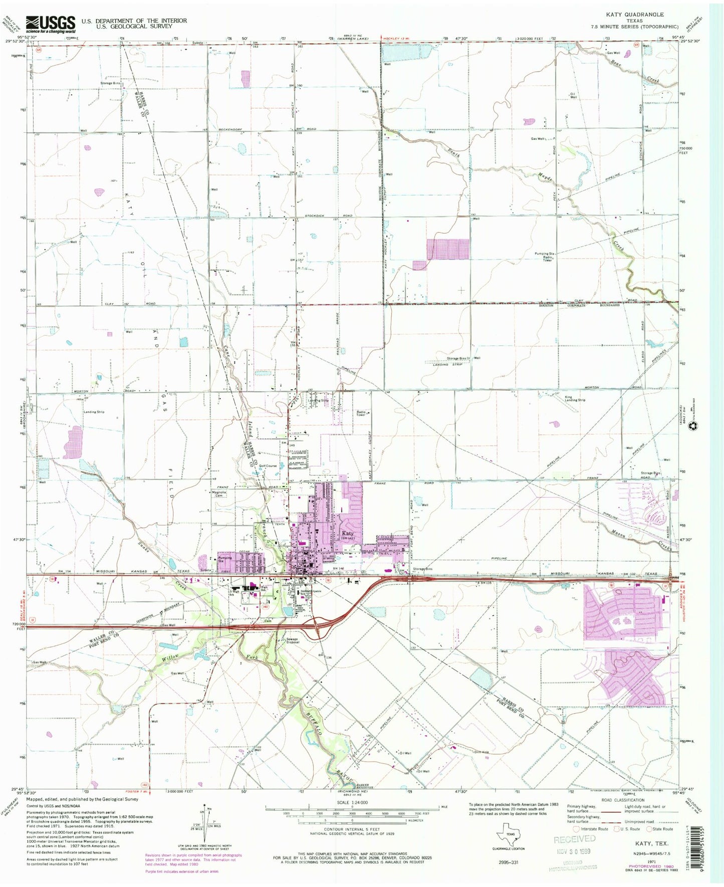 Classic USGS Katy Texas 7.5'x7.5' Topo Map Image