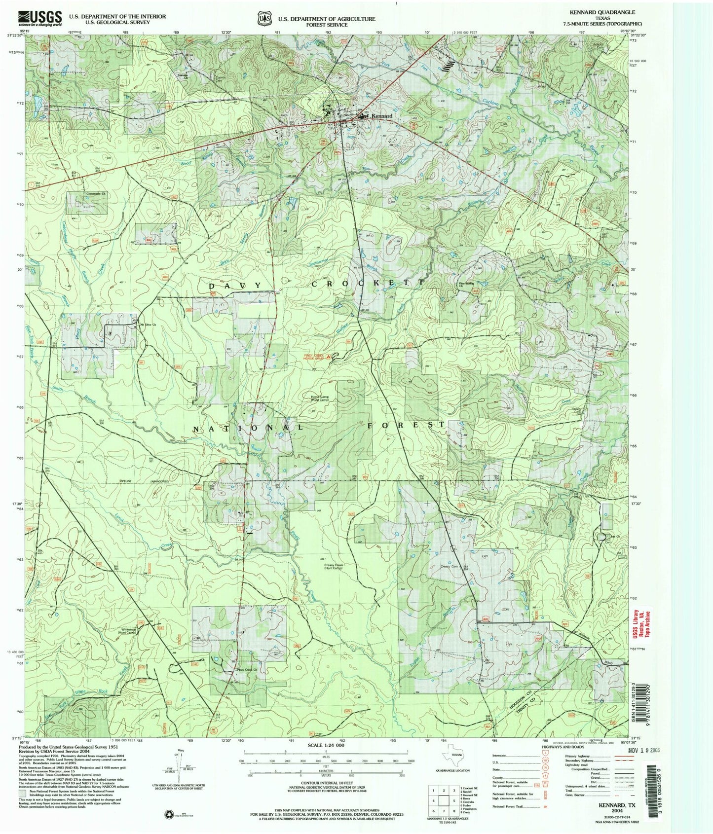 Classic USGS Kennard Texas 7.5'x7.5' Topo Map Image