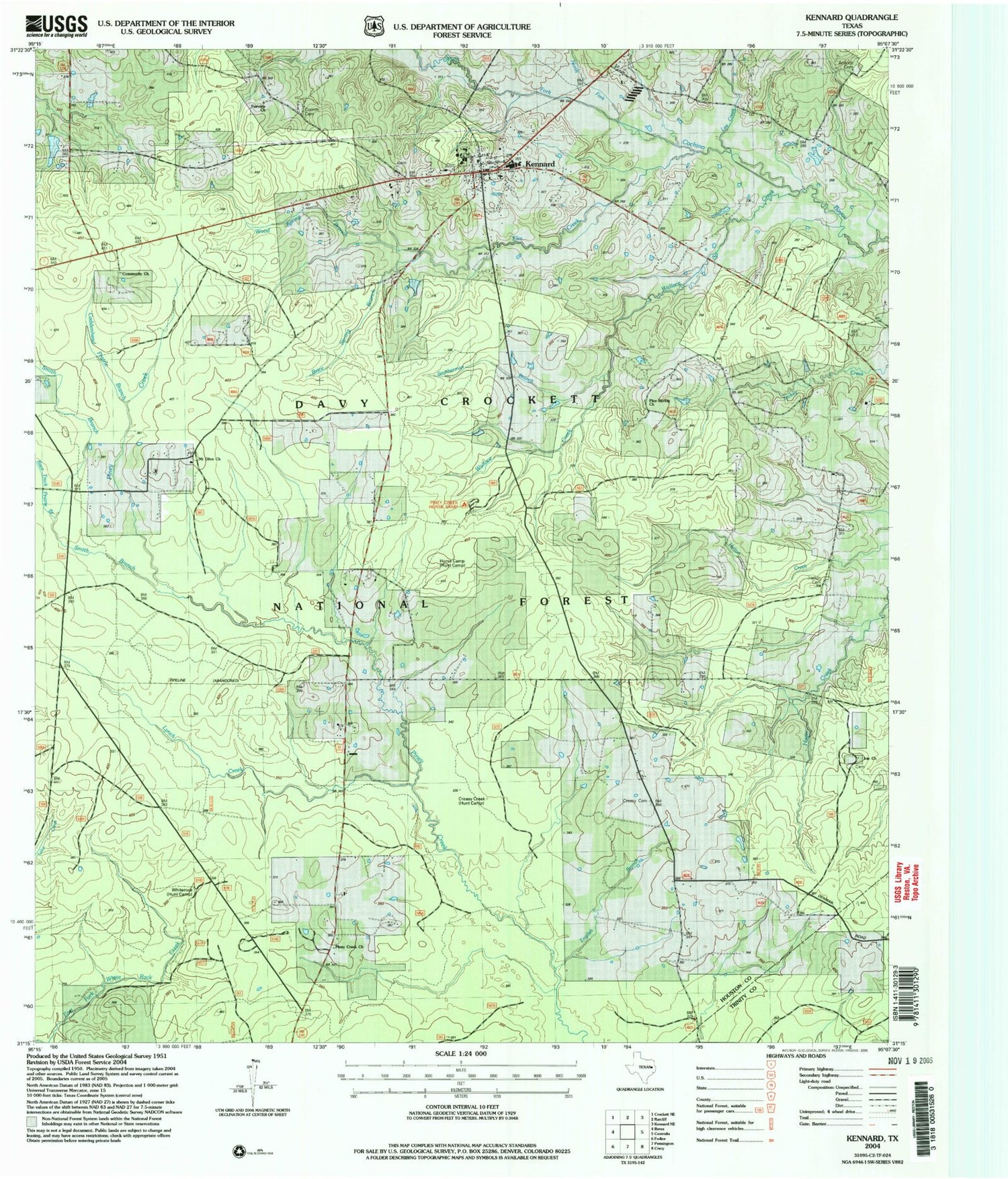 Classic USGS Kennard Texas 7.5'x7.5' Topo Map Image