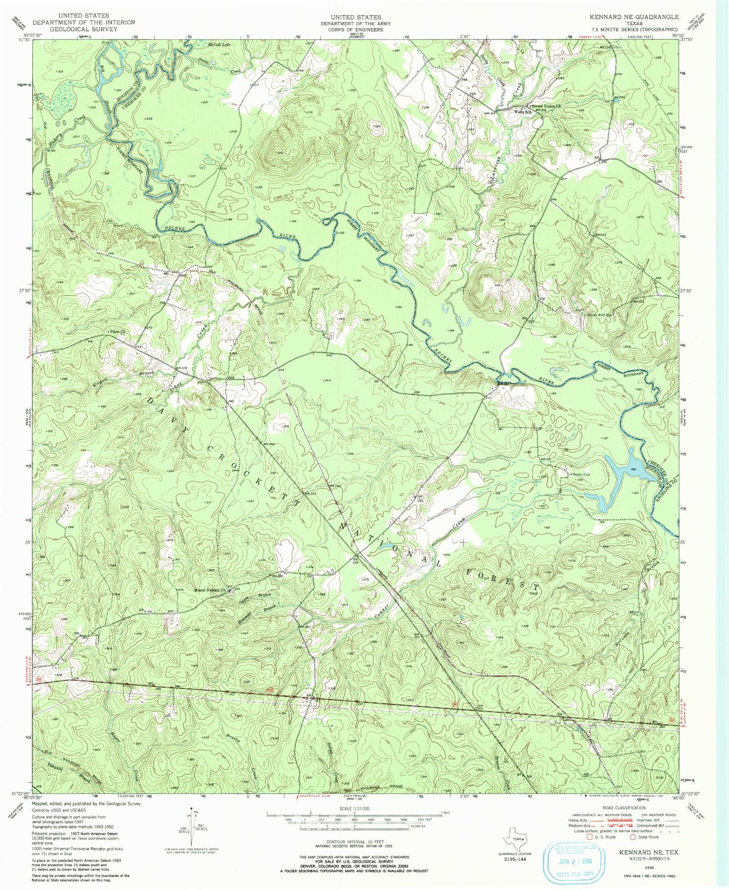 Classic USGS Kennard NE Texas 7.5'x7.5' Topo Map Image