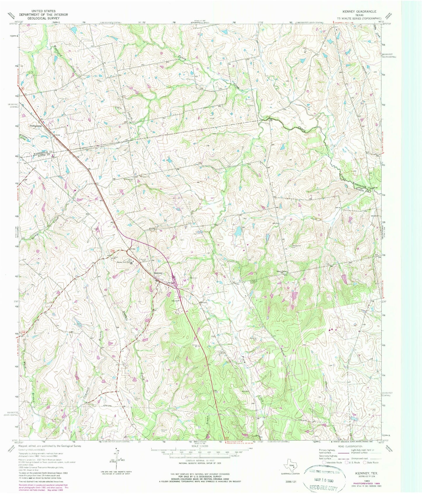 Classic USGS Kenney Texas 7.5'x7.5' Topo Map Image