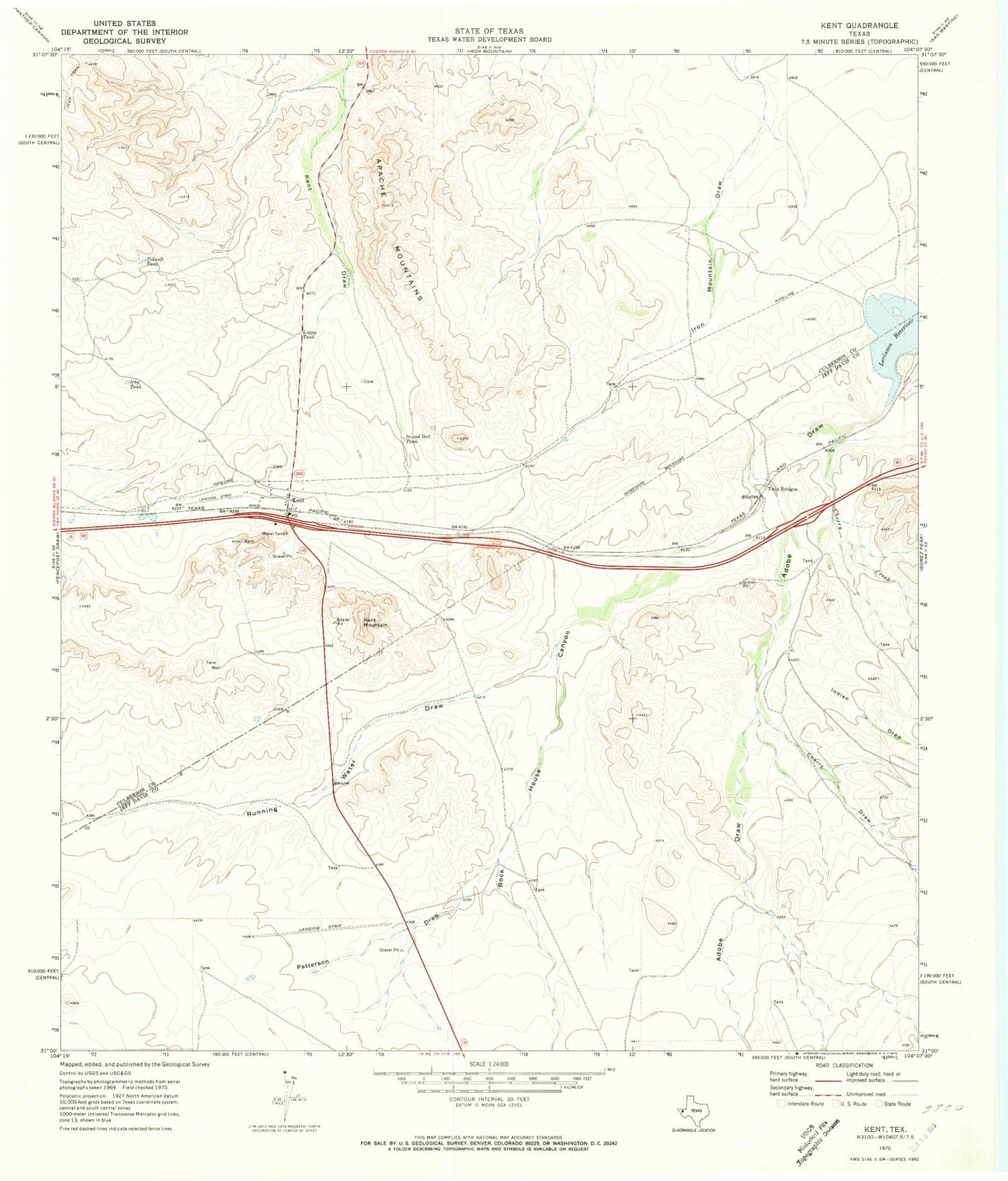 Classic USGS Kent Texas 7.5'x7.5' Topo Map Image